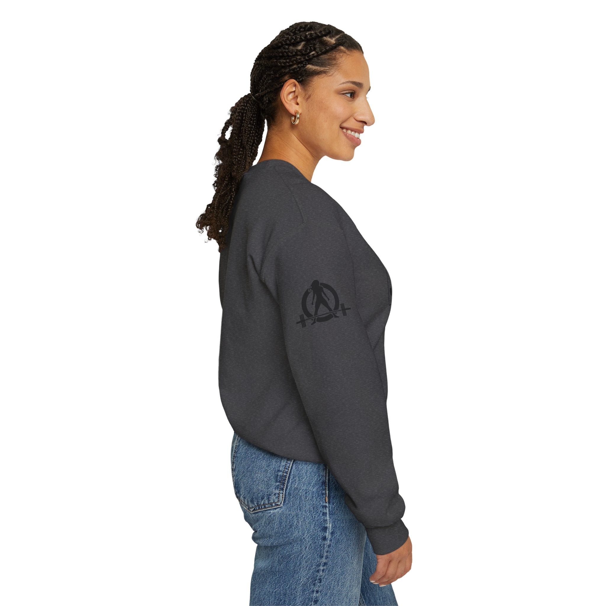 She is STRONG - Unisex Heavy Blend™ Crewneck Sweatshirt - Front Black Logo - Plain Back