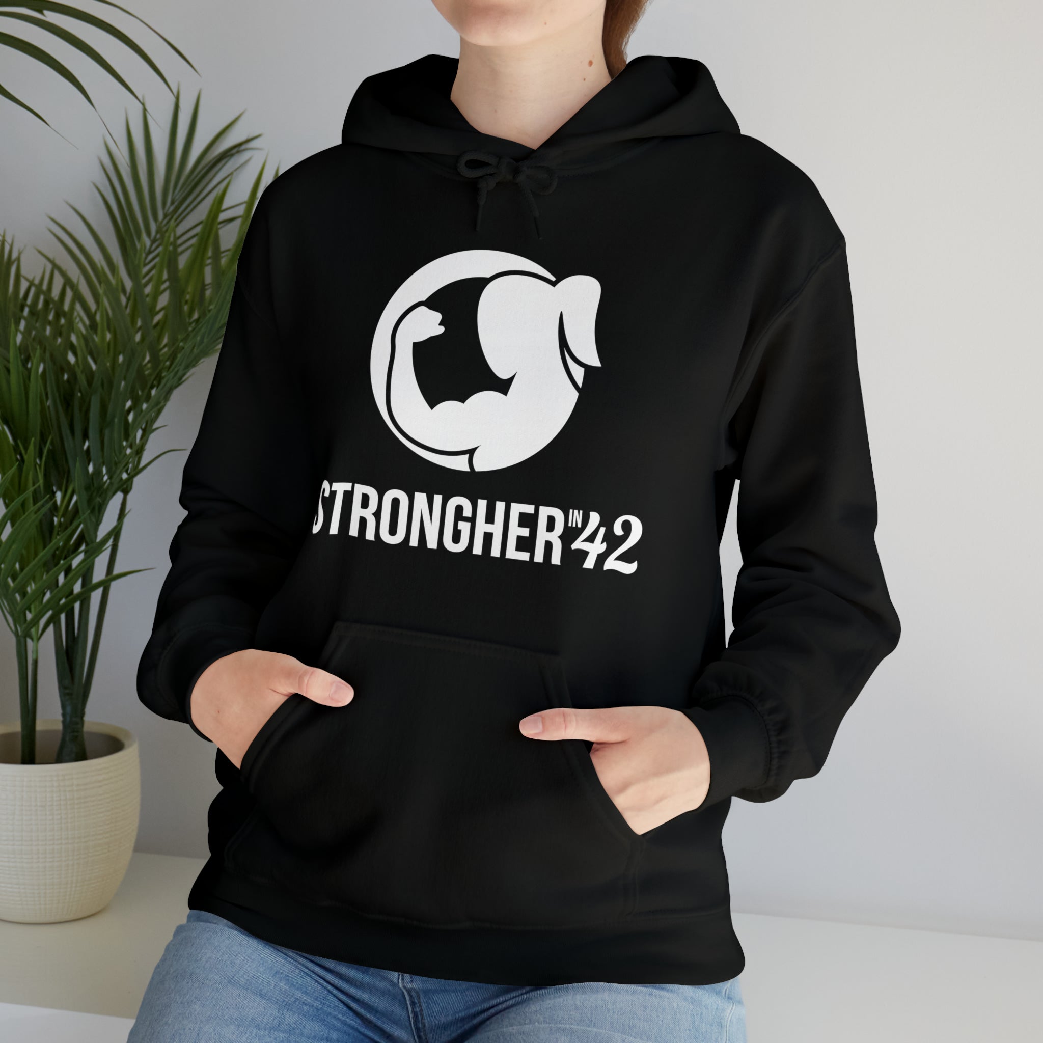Strong Her in 42 - Classic Logo White - Unisex Heavy Blend Hooded Sweatshirt