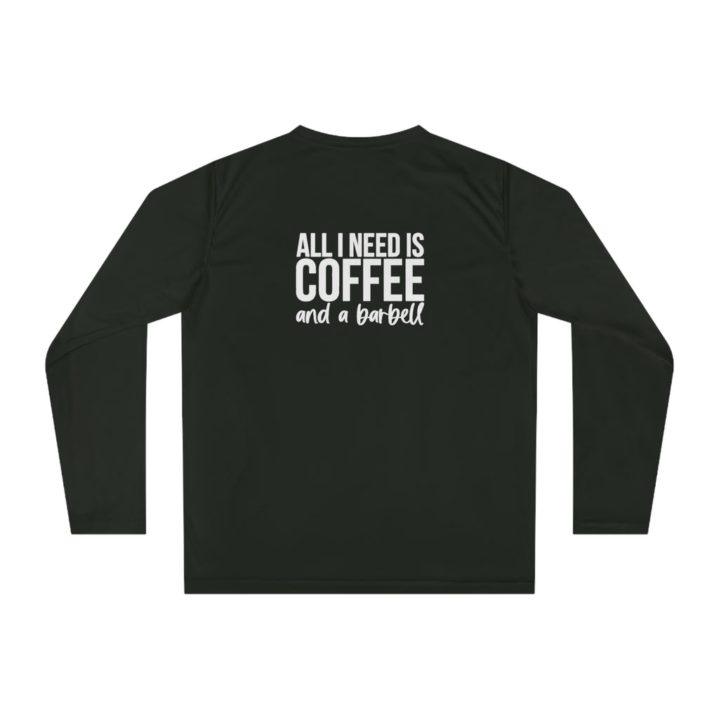 COFFEE and a Barbell - Unisex Performance Long Sleeve Shirt - Distressed White Logo