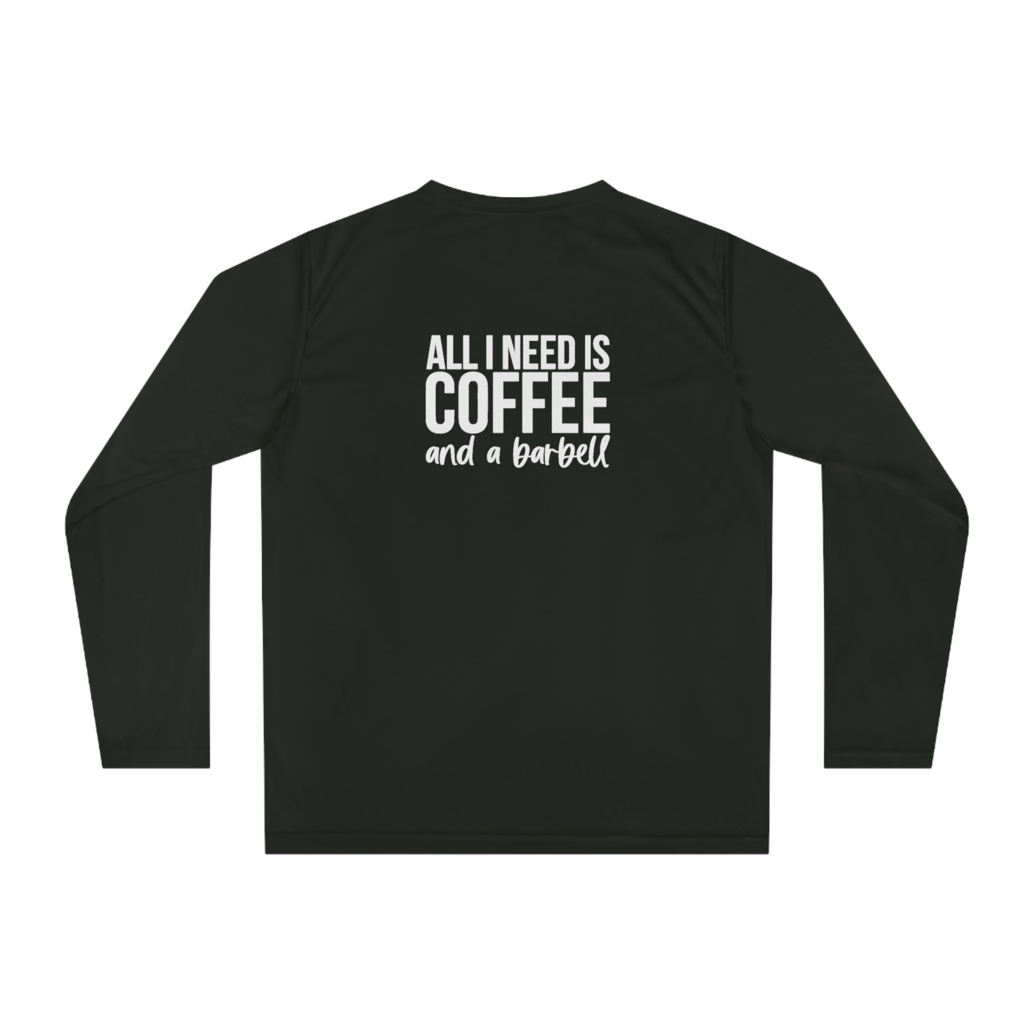 COFFEE and a Barbell - Unisex Performance Long Sleeve Shirt - Distressed White Logo