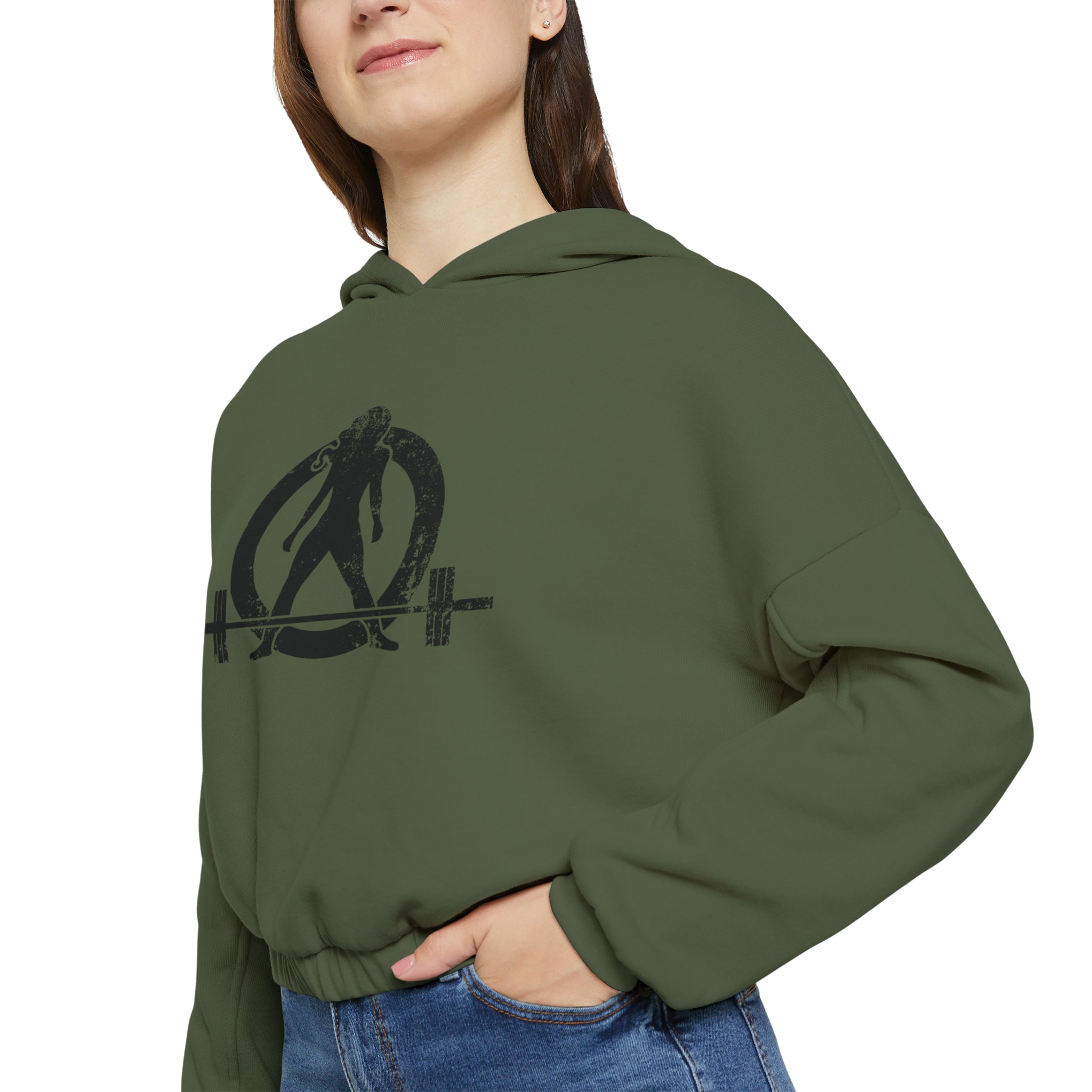Women's Cinched Bottom Hoodie - Black Distressed Logo
