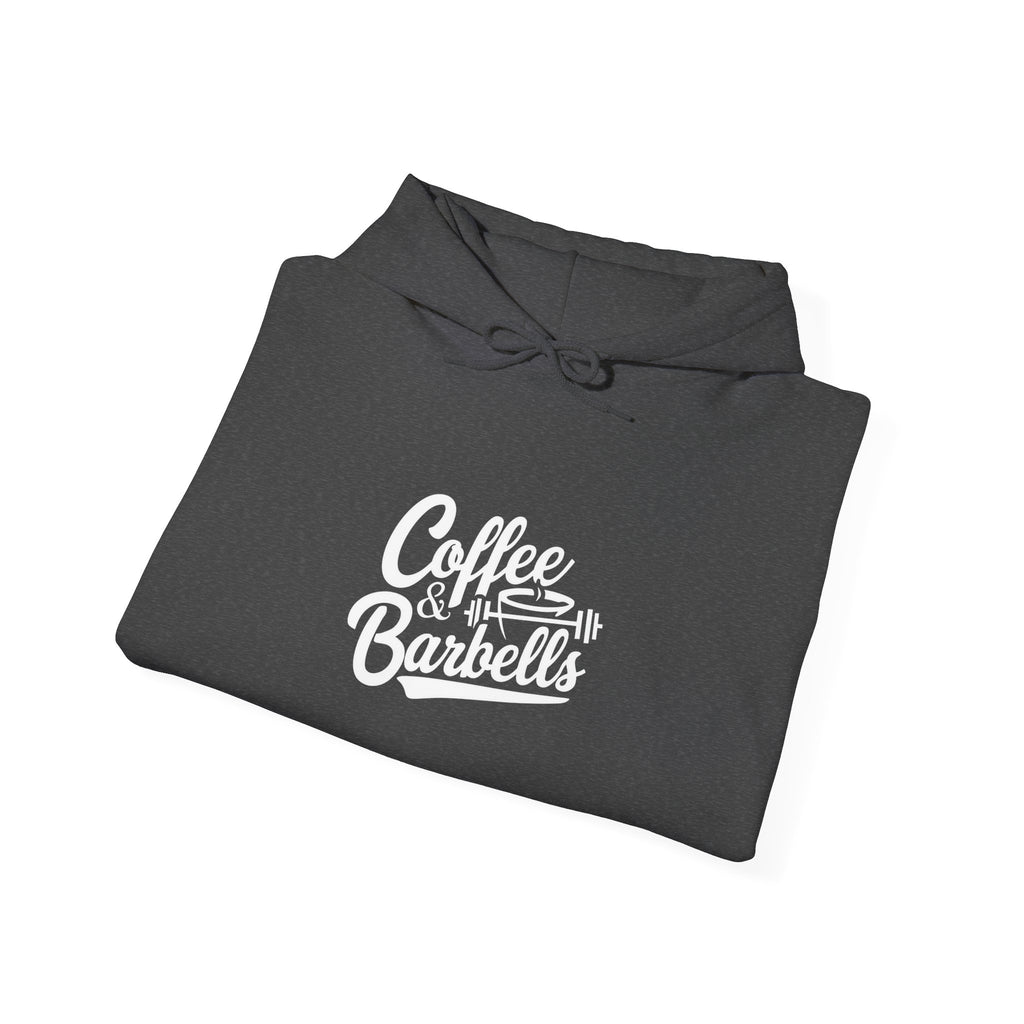 Coffee & Barbells - Unisex Heavy Blend Hooded Sweatshirt - White Logo on Front & Right Sleeve