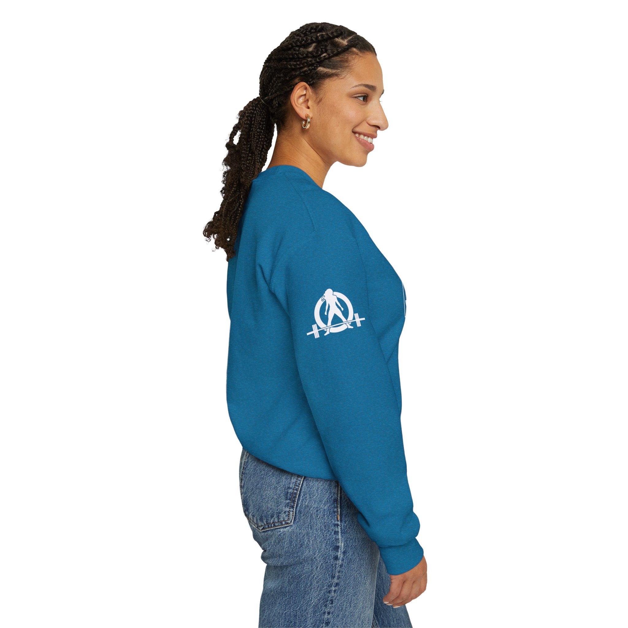 She is STRONG - Unisex Heavy Blend™ Crewneck Sweatshirt - Front White Logo - Plain Back