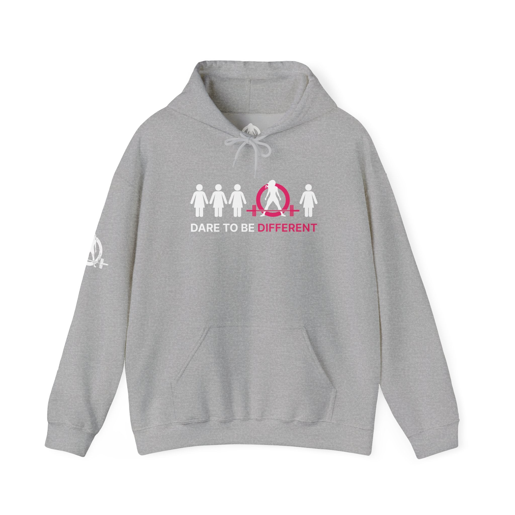 Dare To Be Different - Deadlift - Unisex Heavy Blend Hooded Sweatshirt - White Print on Front & Arm