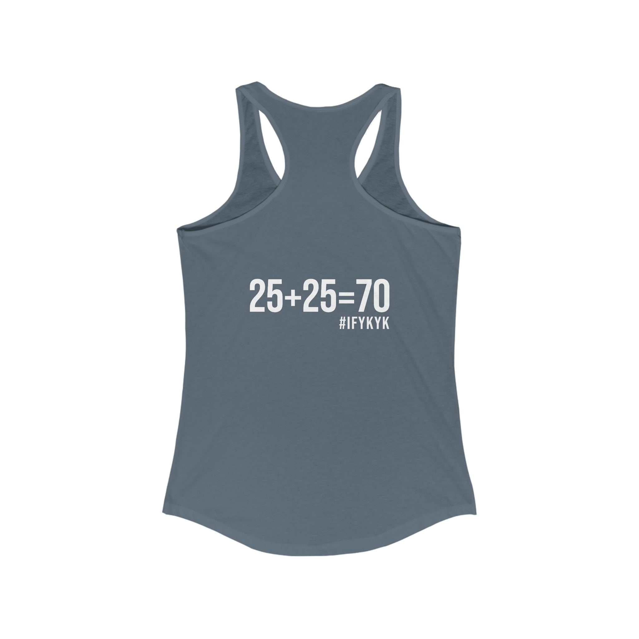 25 + 25 = 70 Women's Ideal Racerback Tank - White Print Front & Back