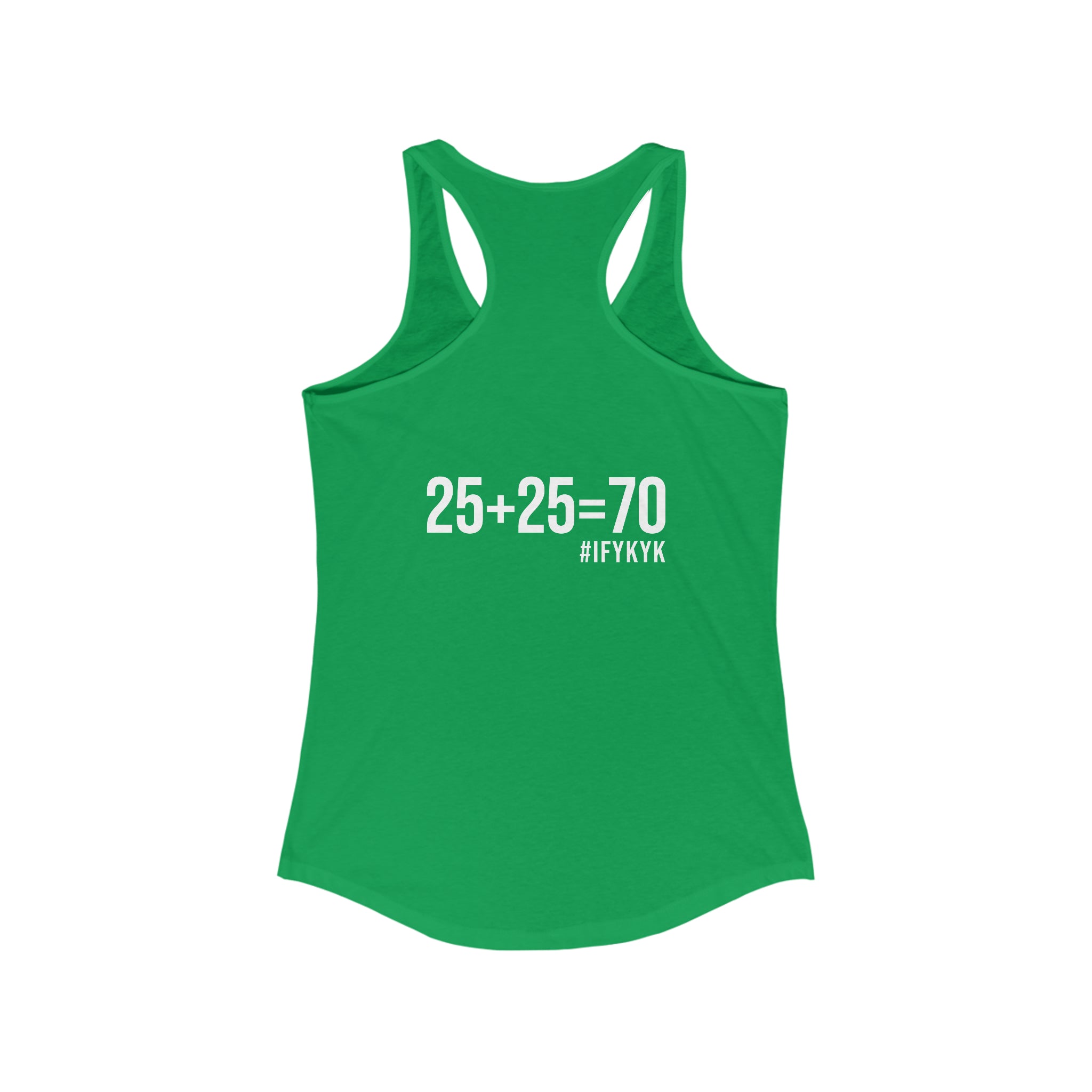 25 + 25 = 70 Women's Ideal Racerback Tank - White Print Front & Back