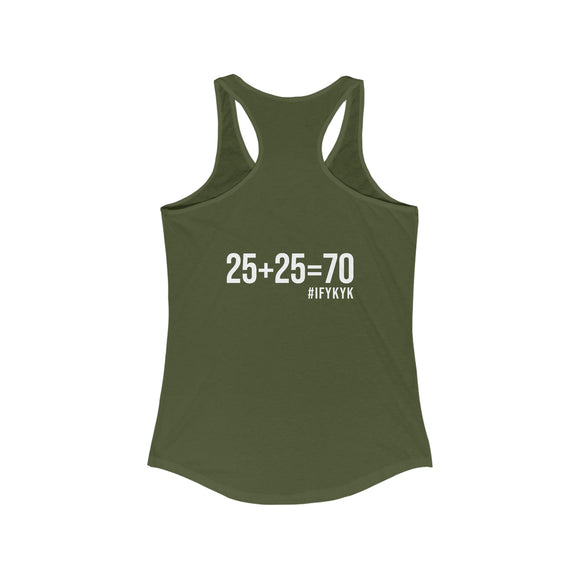 25 + 25 = 70 Women's Ideal Racerback Tank - White Print Front & Back