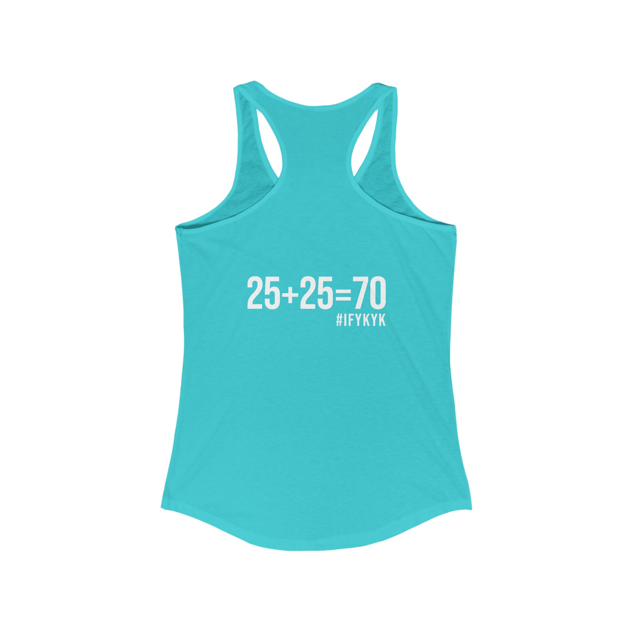 25 + 25 = 70 Women's Ideal Racerback Tank - White Print Front & Back