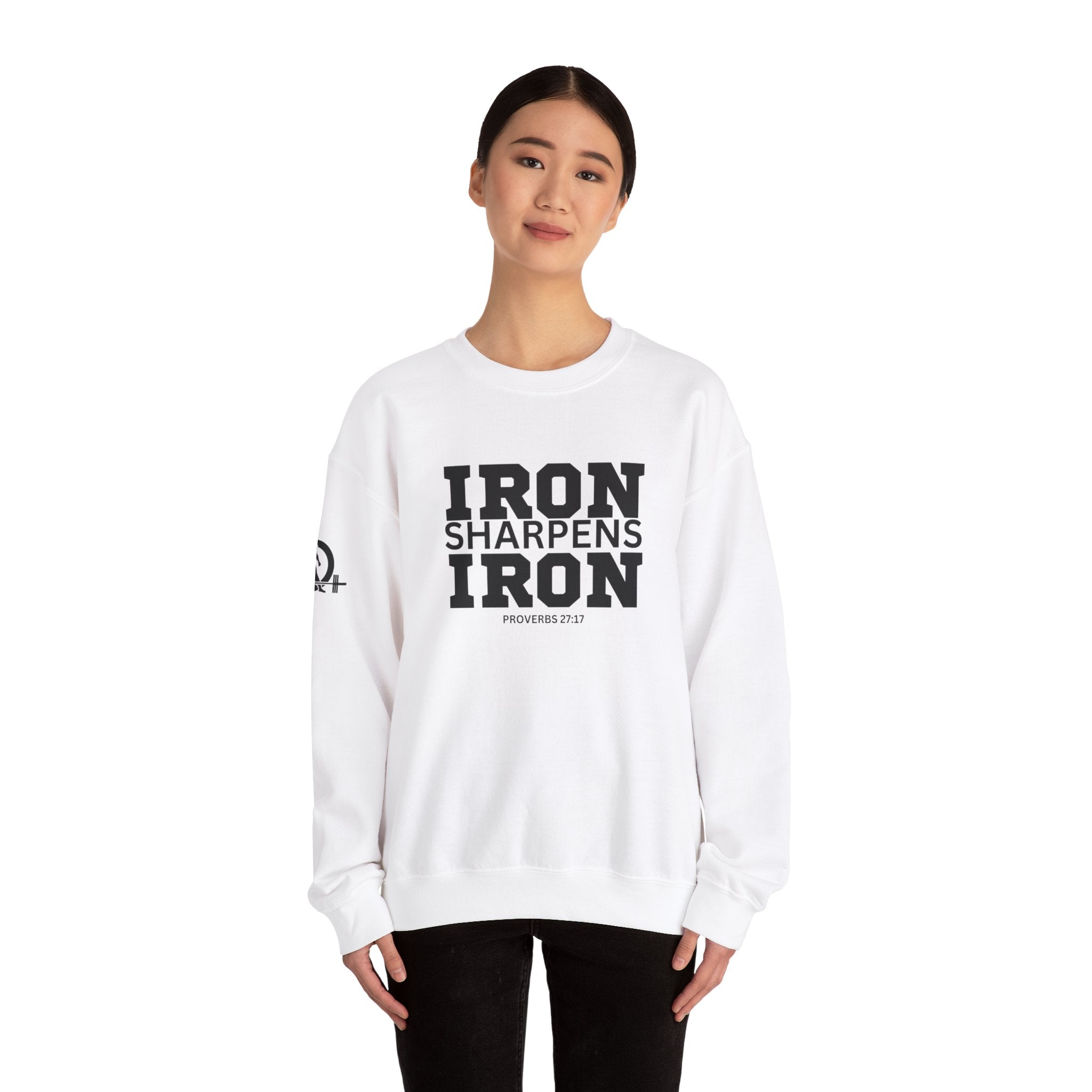 Iron Sharpens Iron - Unisex Heavy Blend™ Crewneck Sweatshirt - Front Black Logo - Plain Back