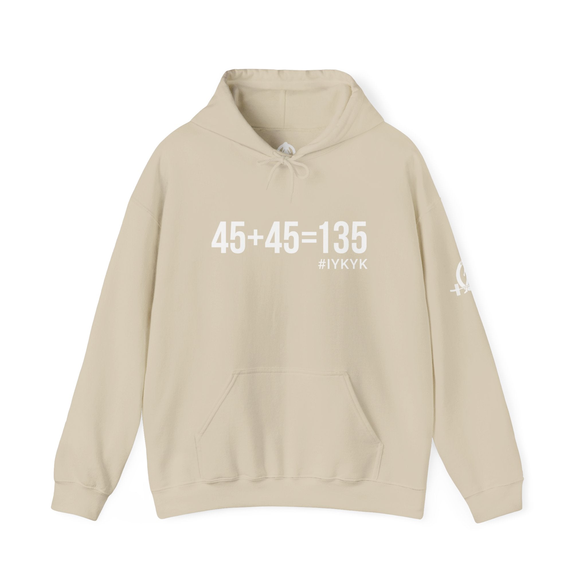 45 + 45 = 135  - Unisex Heavy Blend Hooded Sweatshirt  - White Print on Front & Arm