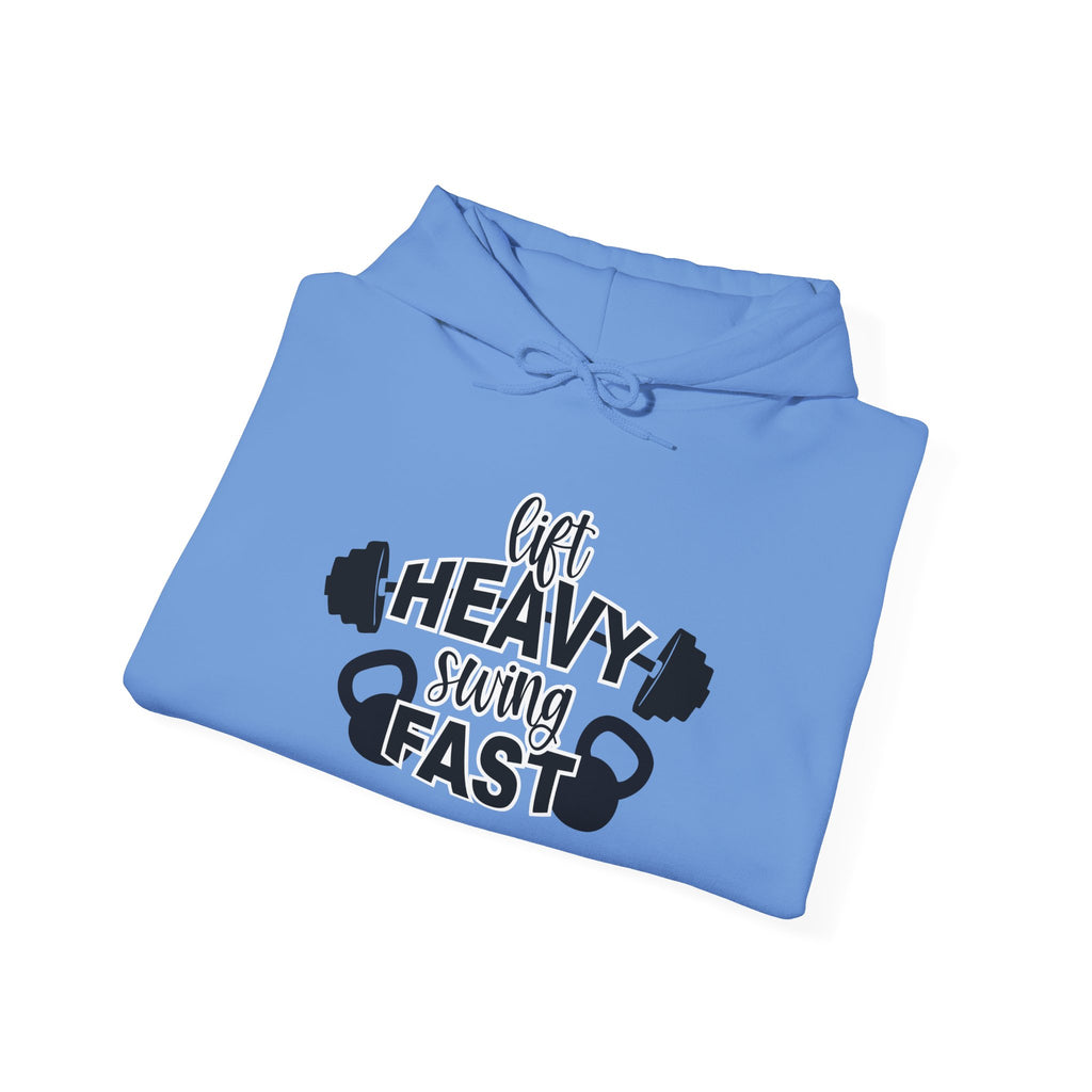 Lift Heavy Swing Fast - Unisex Heavy Blend Hooded Sweatshirt - Black Logo - Right Shoulder - Plain Back