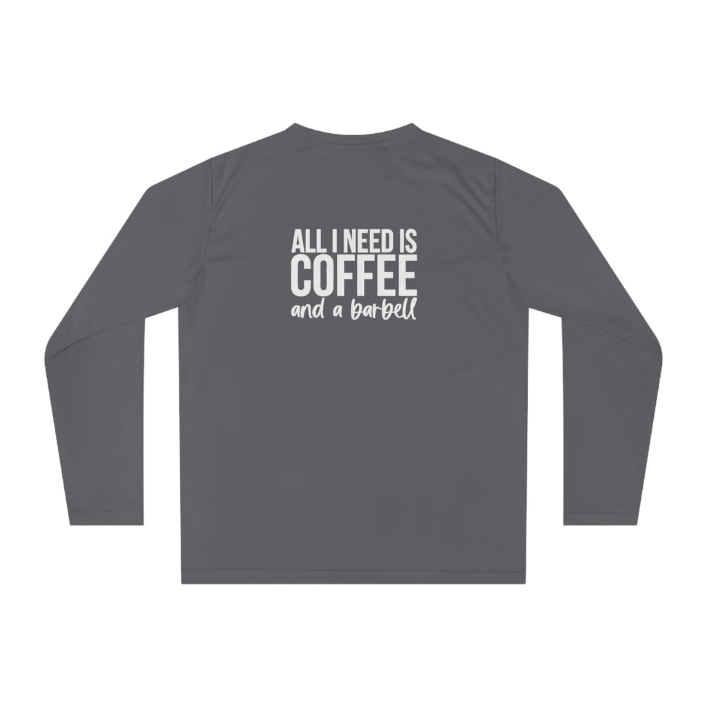 COFFEE and a Barbell - Unisex Performance Long Sleeve Shirt - Distressed White Logo