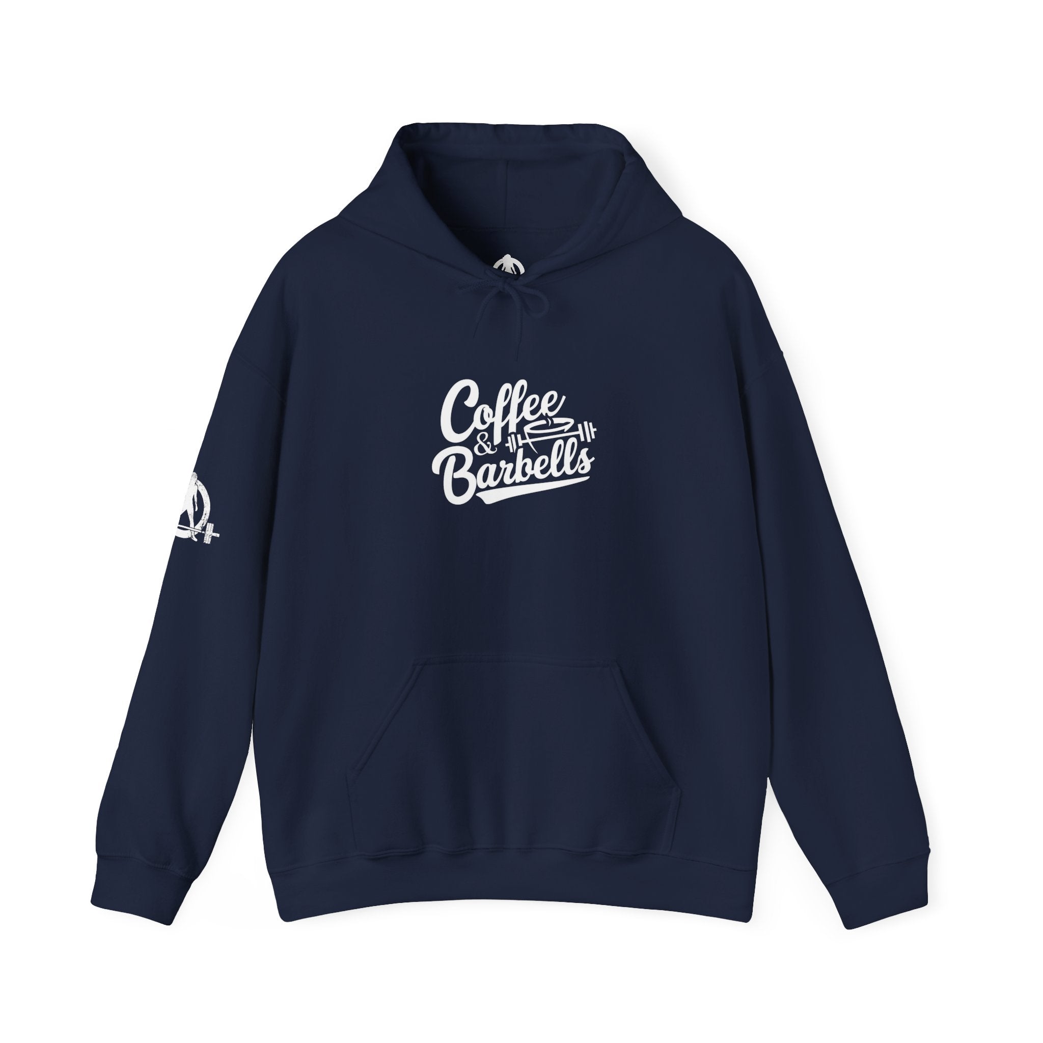 Coffee & Barbells - Unisex Heavy Blend Hooded Sweatshirt - White Logo on Front & Right Sleeve