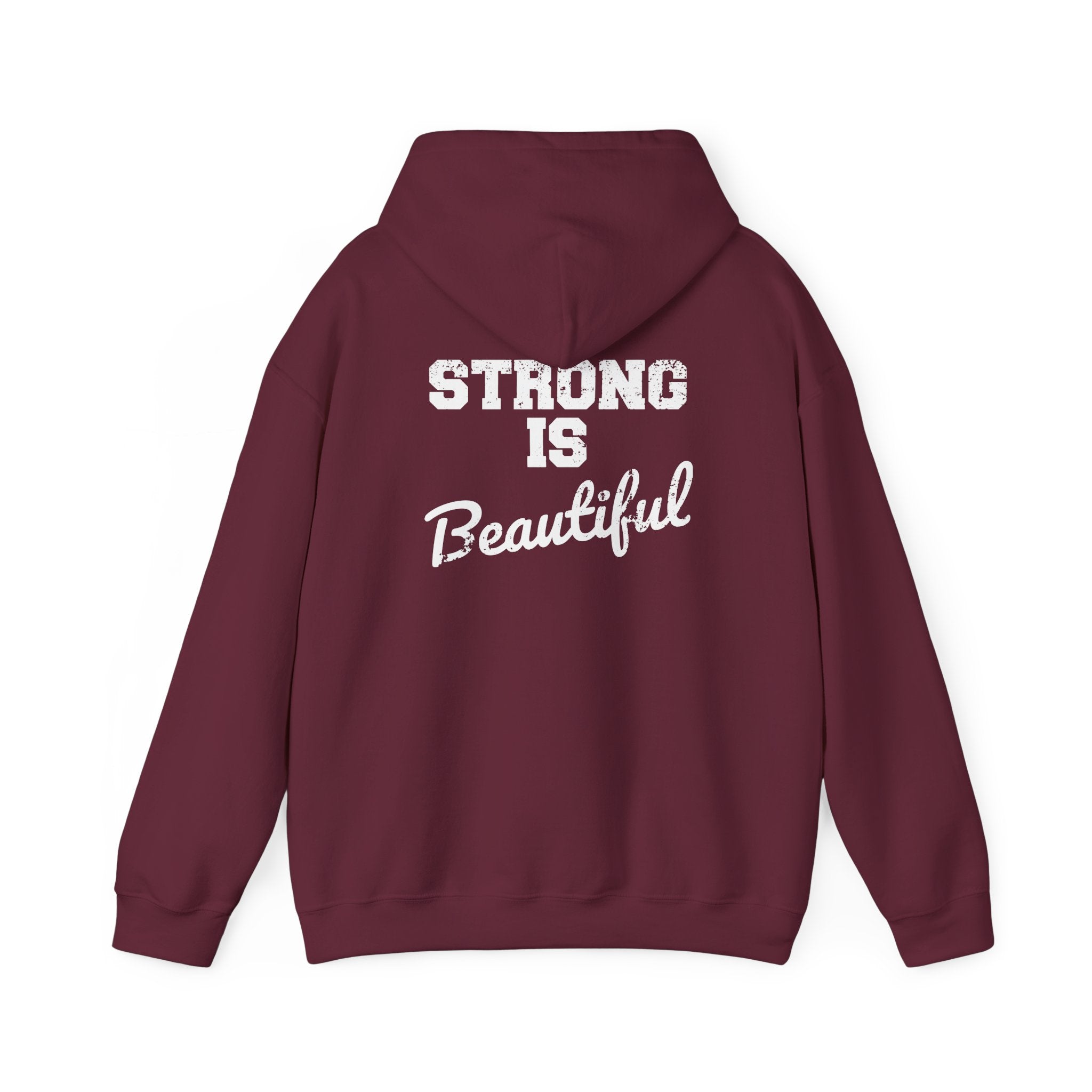 Strong Is Beautiful – Unisex Heavy Blend™ Hooded Sweatshirt (Distressed White Logo) 🤍💪