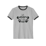 Lift Heavy Swing Fast - Unisex Cotton Ringer T-Shirt - Black Logo Front Plain Back