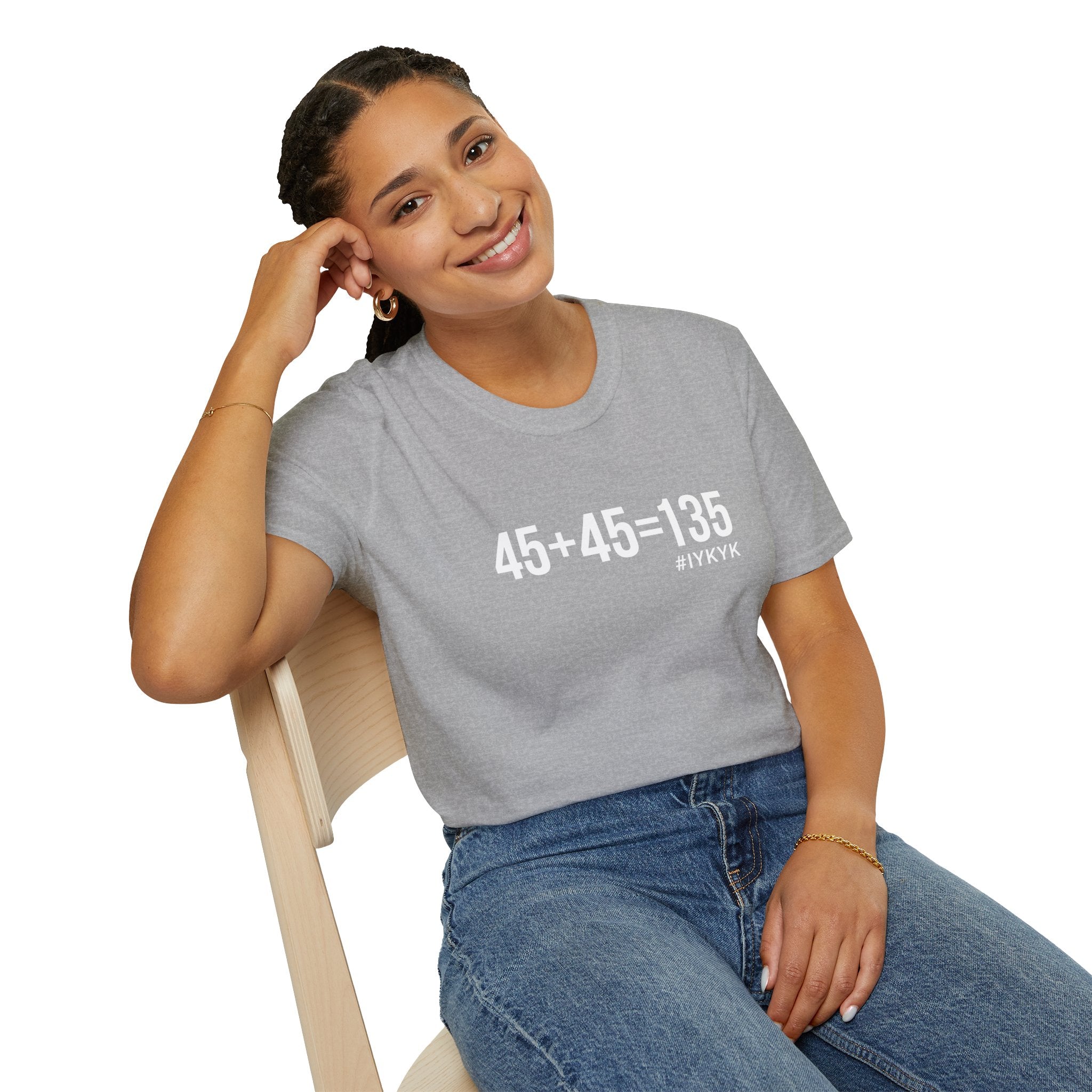 45 + 45 = 135  - Unisex Softstyle T-Shirt - Print on Front Plain Back