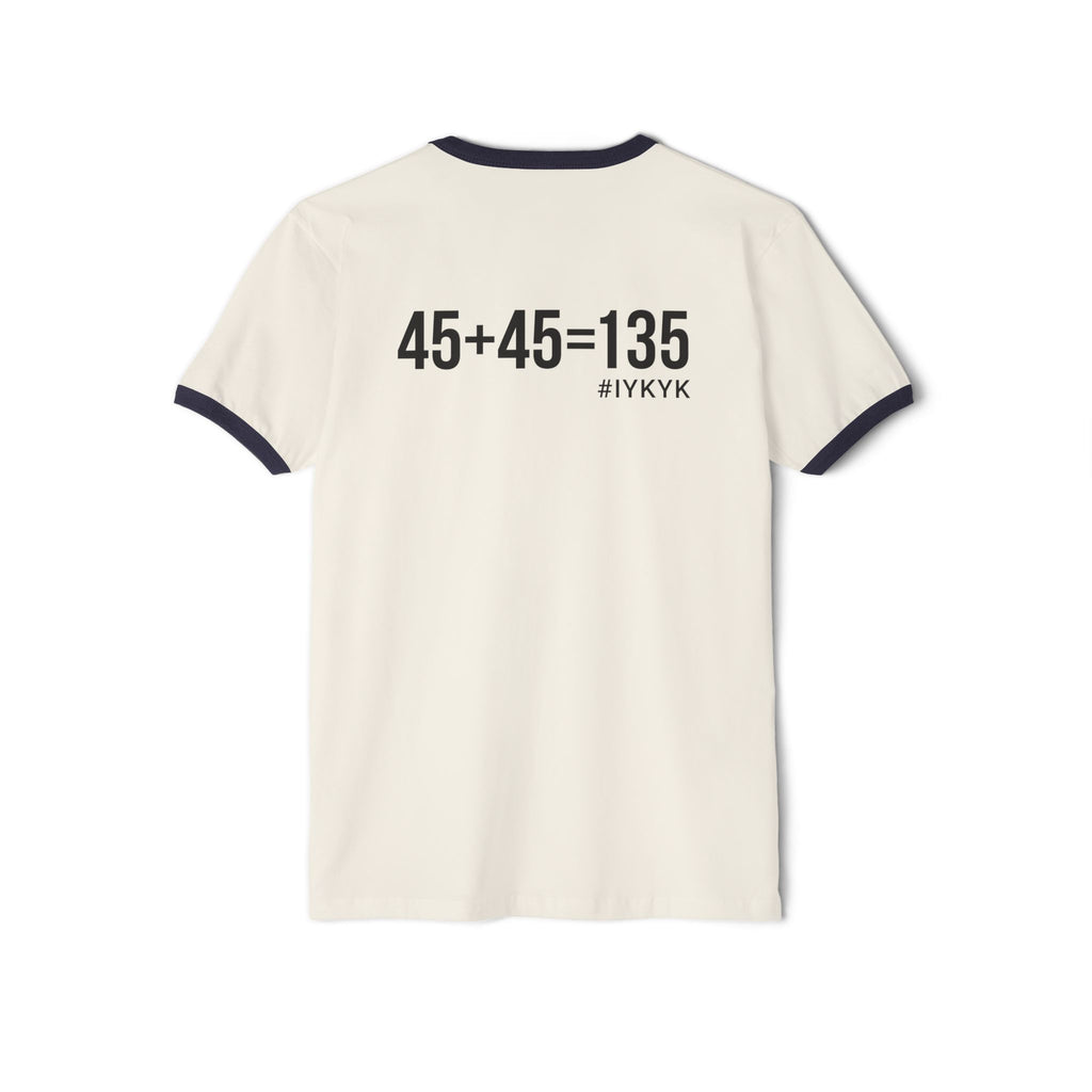 45 + 45 - Unisex Cotton Ringer T-Shirt - Black Logo Front & Back