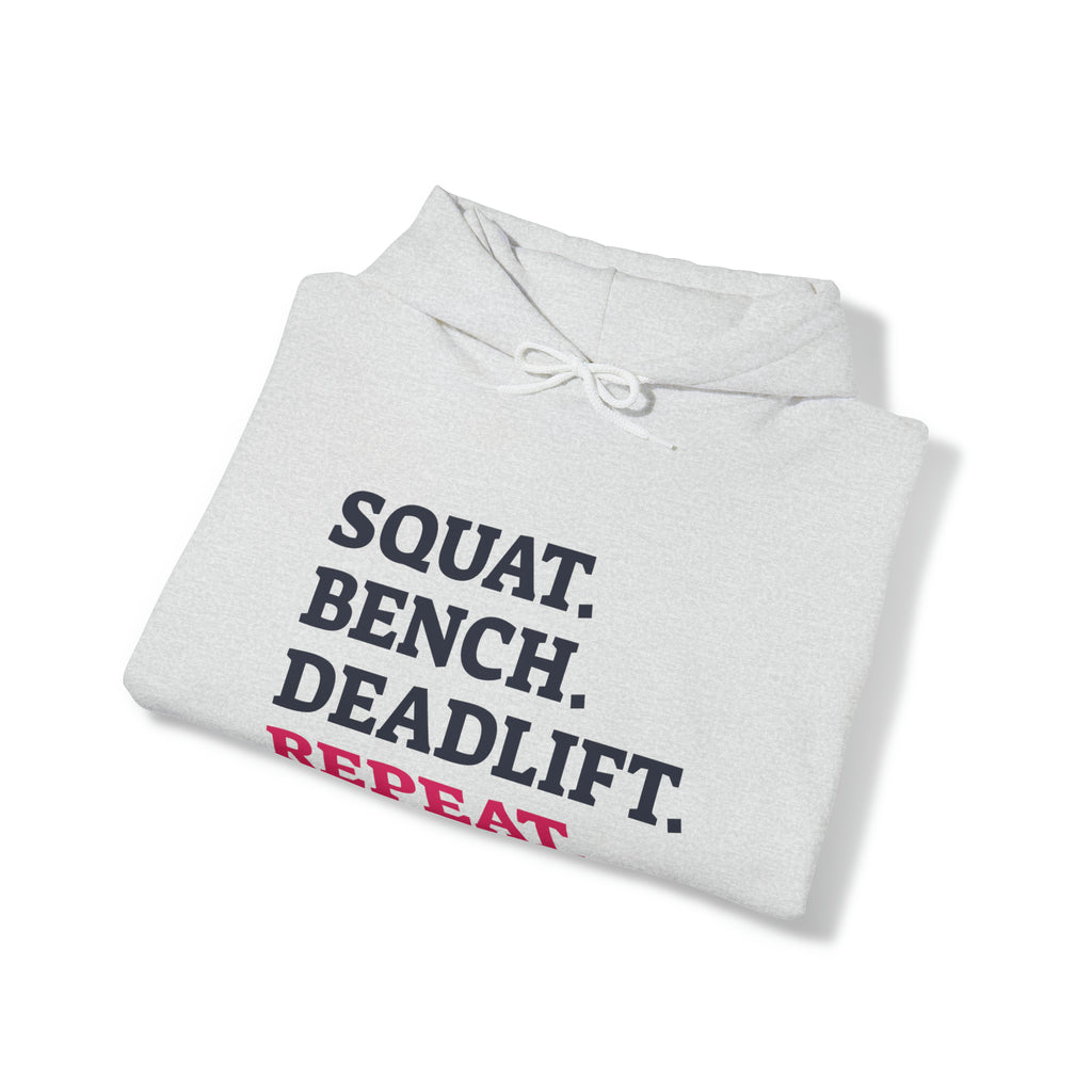 Squat Bench Deadlift Repeat - Unisex Heavy Blend Hooded Sweatshirt - Light Logo - Pink- Plain Black