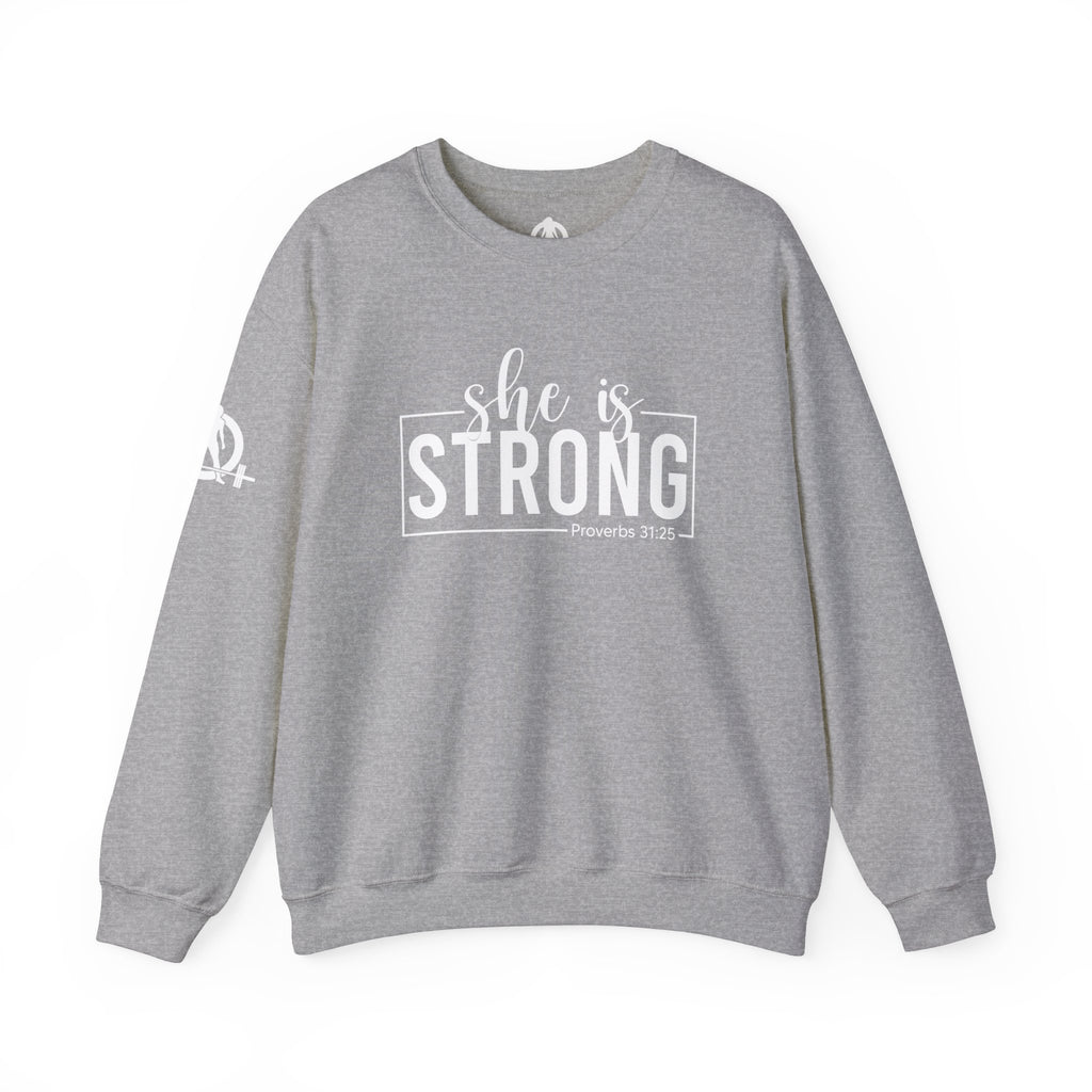 She is STRONG - Unisex Heavy Blend™ Crewneck Sweatshirt - Front White Logo - Plain Back