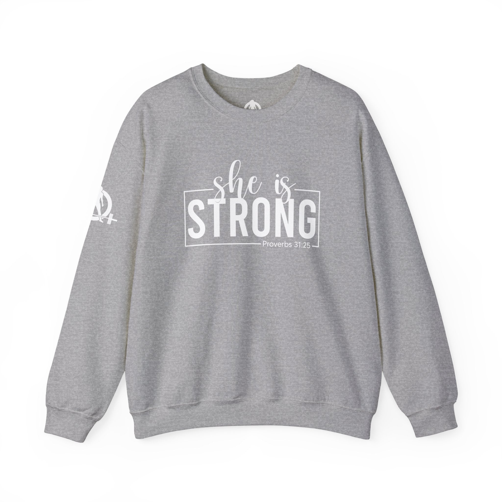 She is STRONG - Unisex Heavy Blend™ Crewneck Sweatshirt - Front White Logo - Plain Back