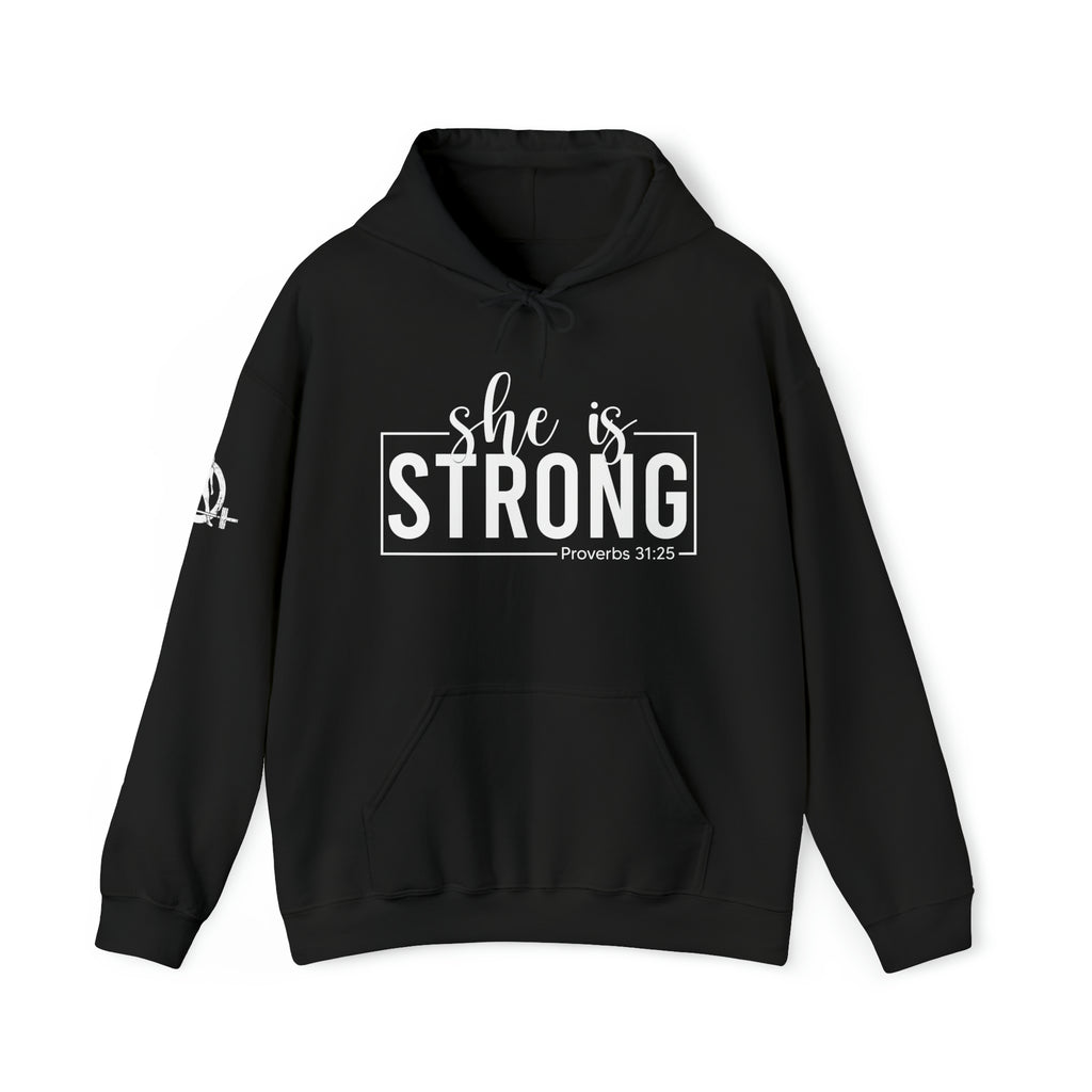 She is STRONG - Unisex Heavy Blend Hooded Sweatshirt - White Logo -  Plain Back