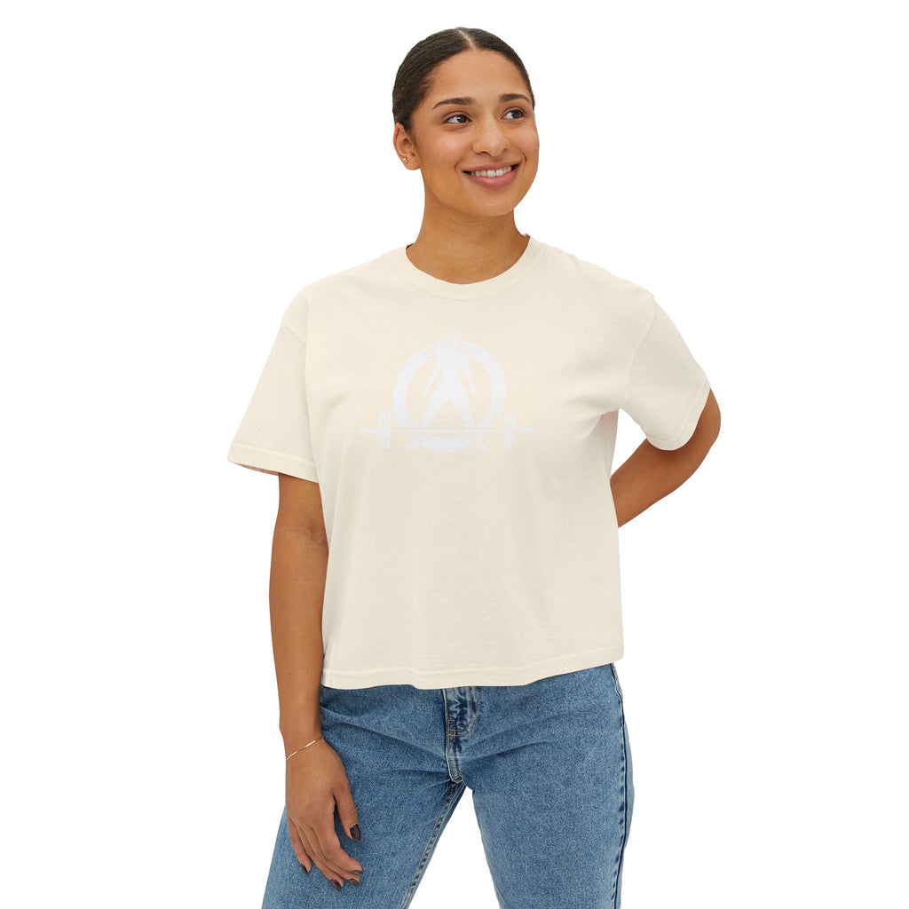 Women's Boxy Tee - White Distressed Logo Front Plain Back