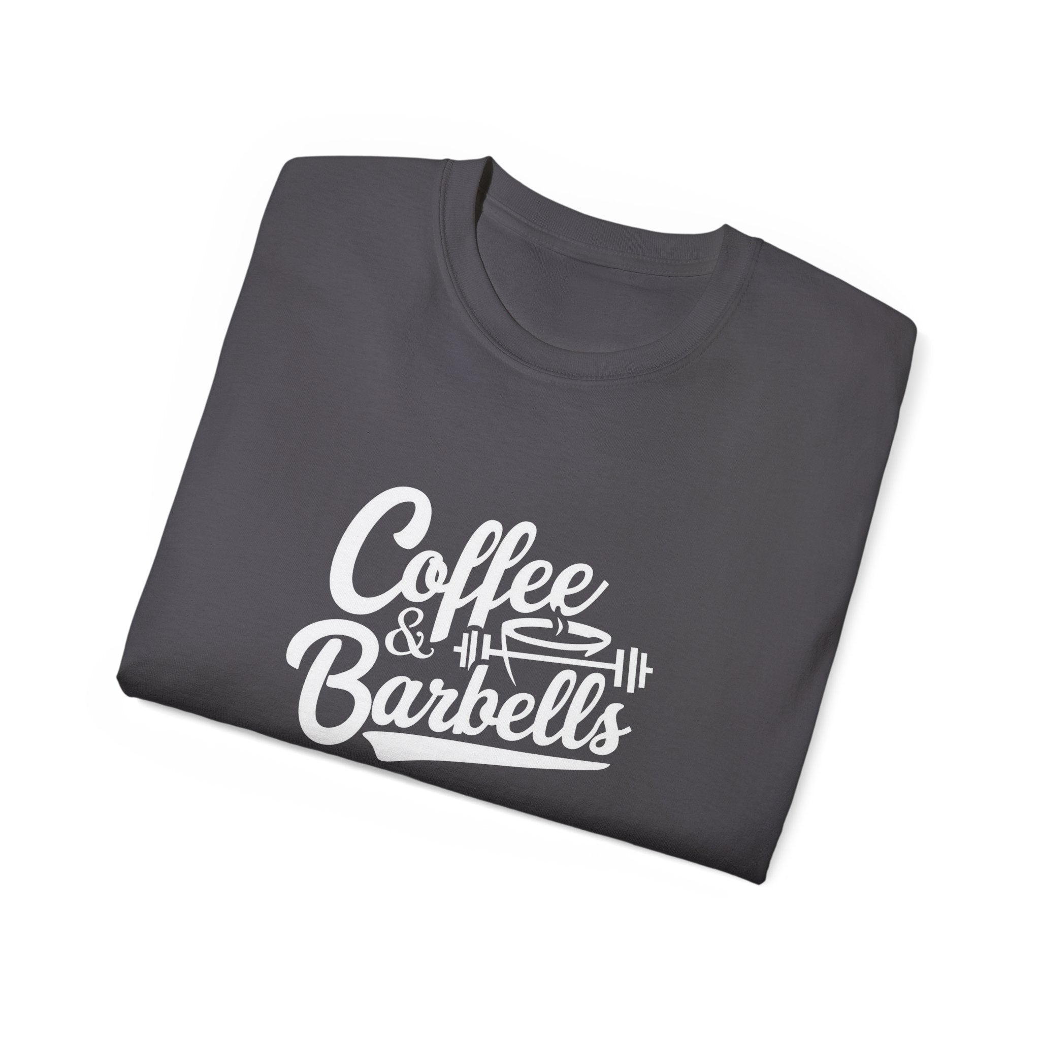 Coffee & Barbells - Unisex Ultra Cotton Tee - Front White Logo - Plain Back