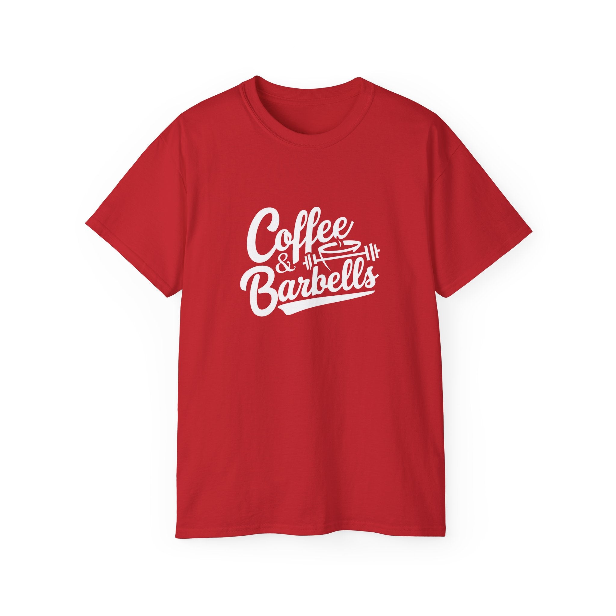 Coffee & Barbells - Unisex Ultra Cotton Tee - Front White Logo - Plain Back