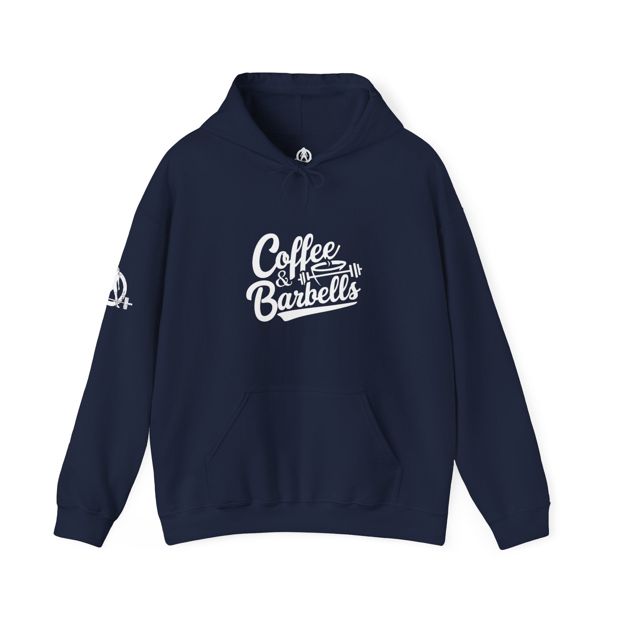Coffee & Barbells - Unisex Heavy Blend Hooded Sweatshirt - White Logo on Front & Right Sleeve