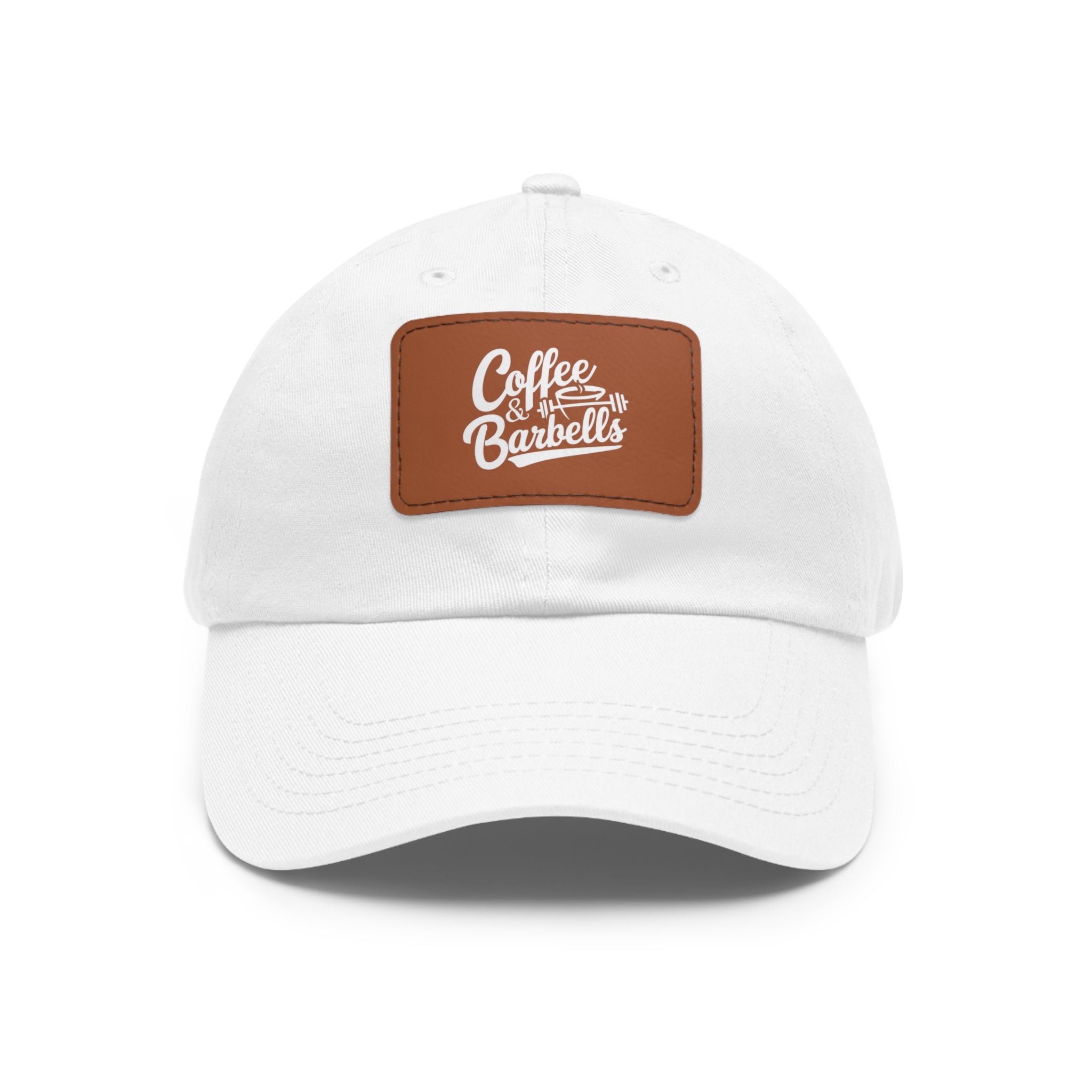 Coffee & Barbells - Dad Hat with Leather Patch (Rectangle) - White Font