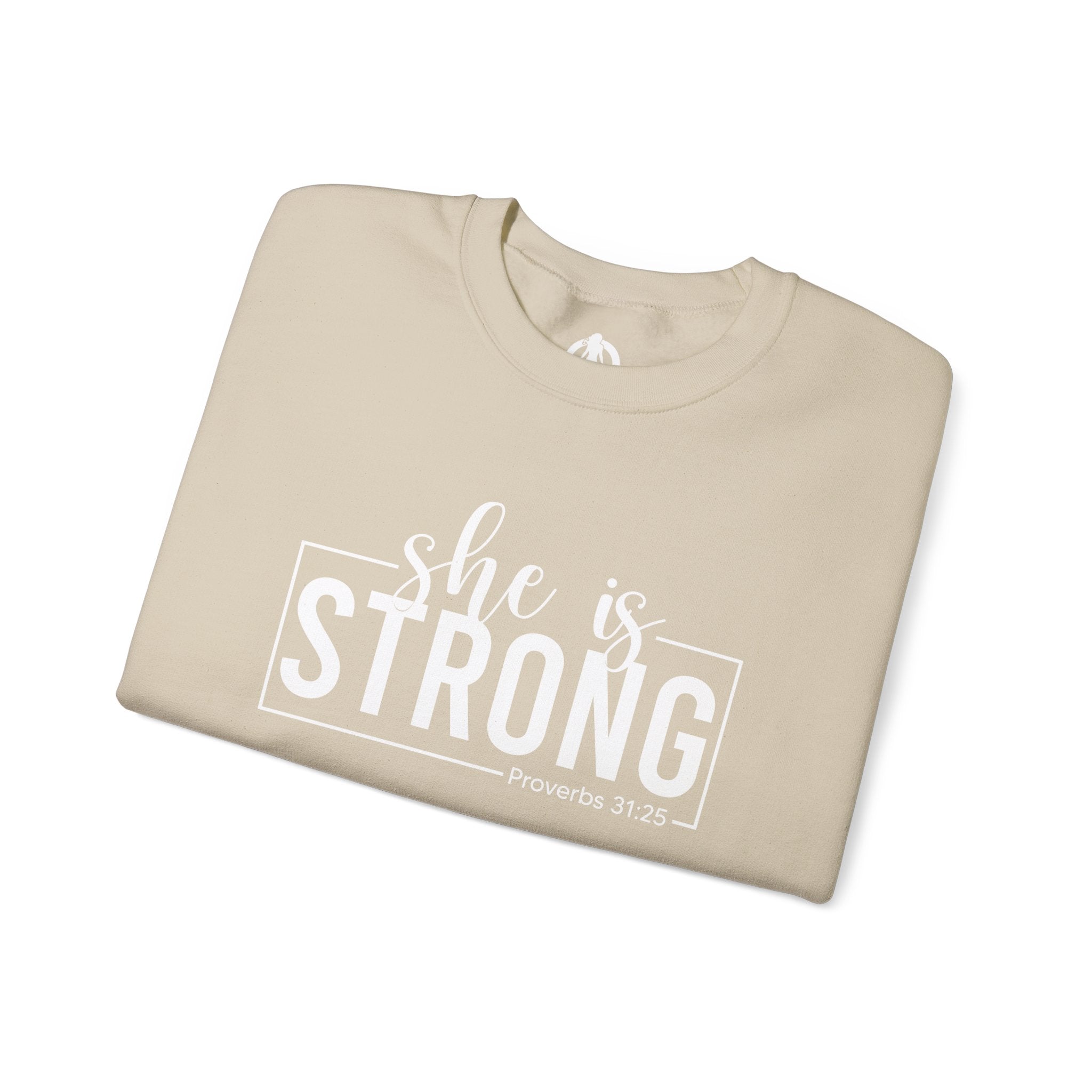 She is STRONG - Unisex Heavy Blend™ Crewneck Sweatshirt - Front White Logo - Plain Back