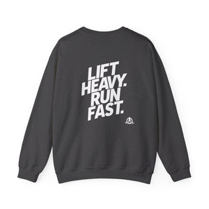 Lift Heavy Run Fast - Unisex Heavy Blend™ Crewneck Sweatshirt - White Logo Front & Back