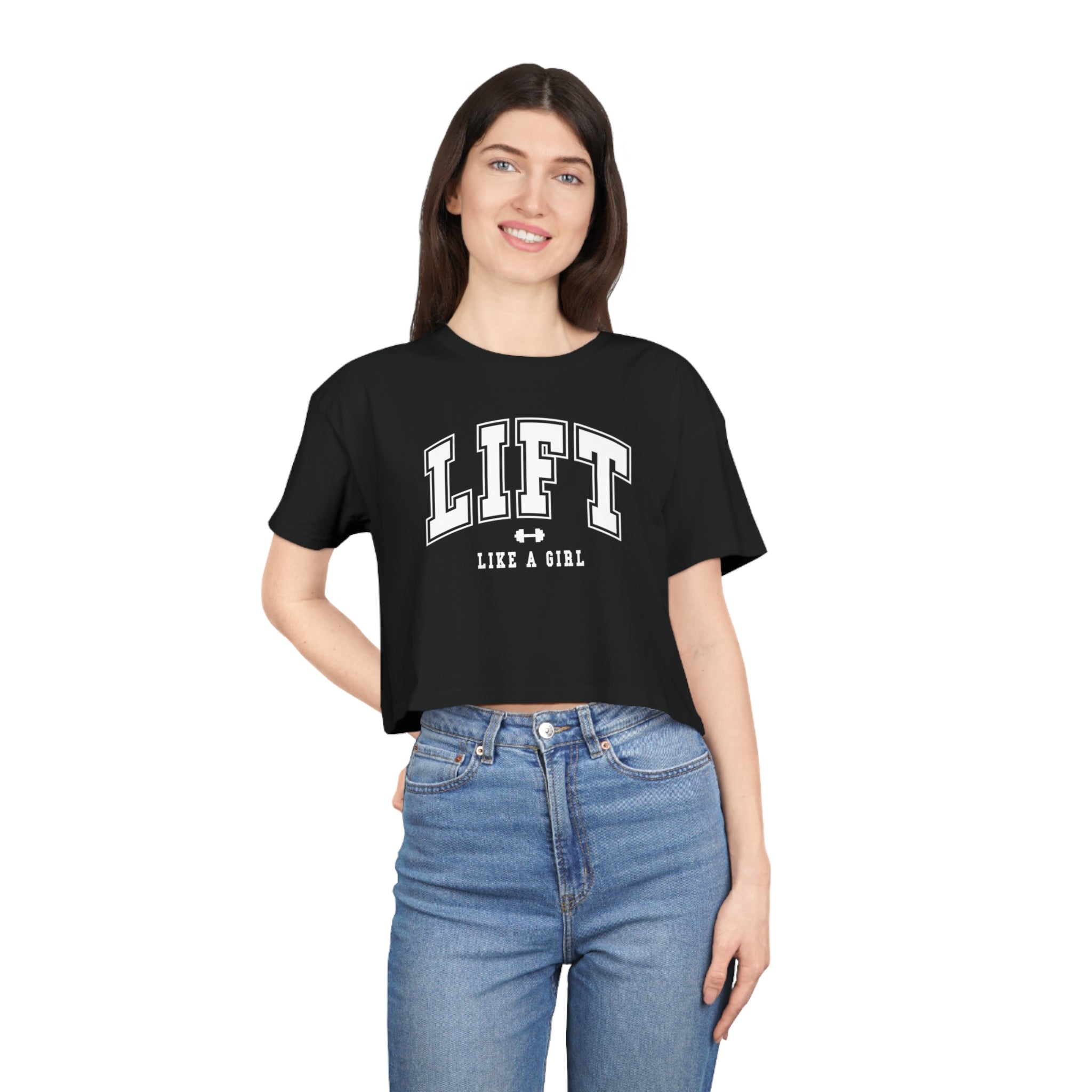 Lift Like A Girl - Women's Crop Tee - Black - Front White Logo