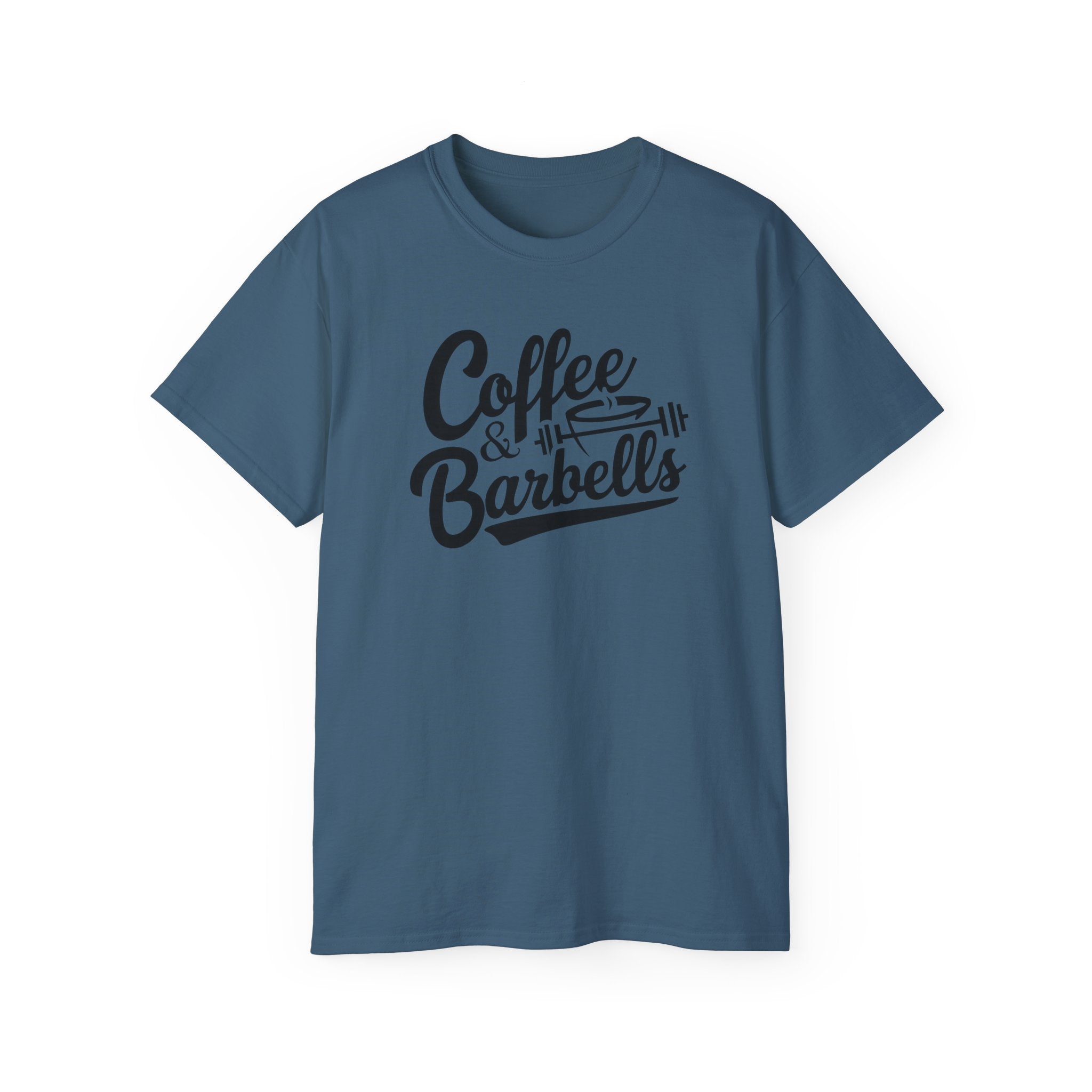 Coffee & Barbells - Unisex Ultra Cotton Tee - Front Black Logo - Plain Back