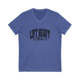 Lift Heavy Shit - Unisex Jersey Short Sleeve V-Neck Tee - Black Logo Plain Back