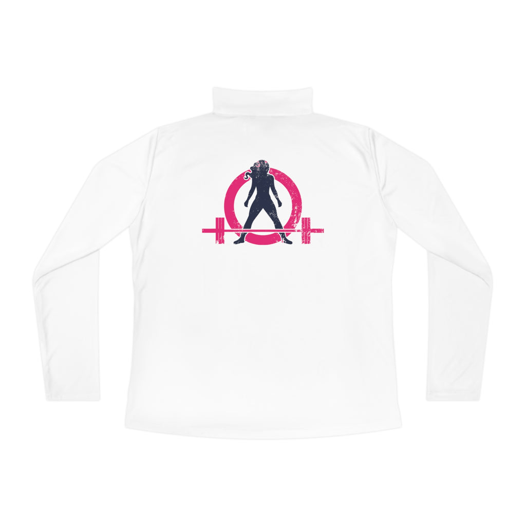 Ladies Quarter-Zip Pullover - White Distressed Logo