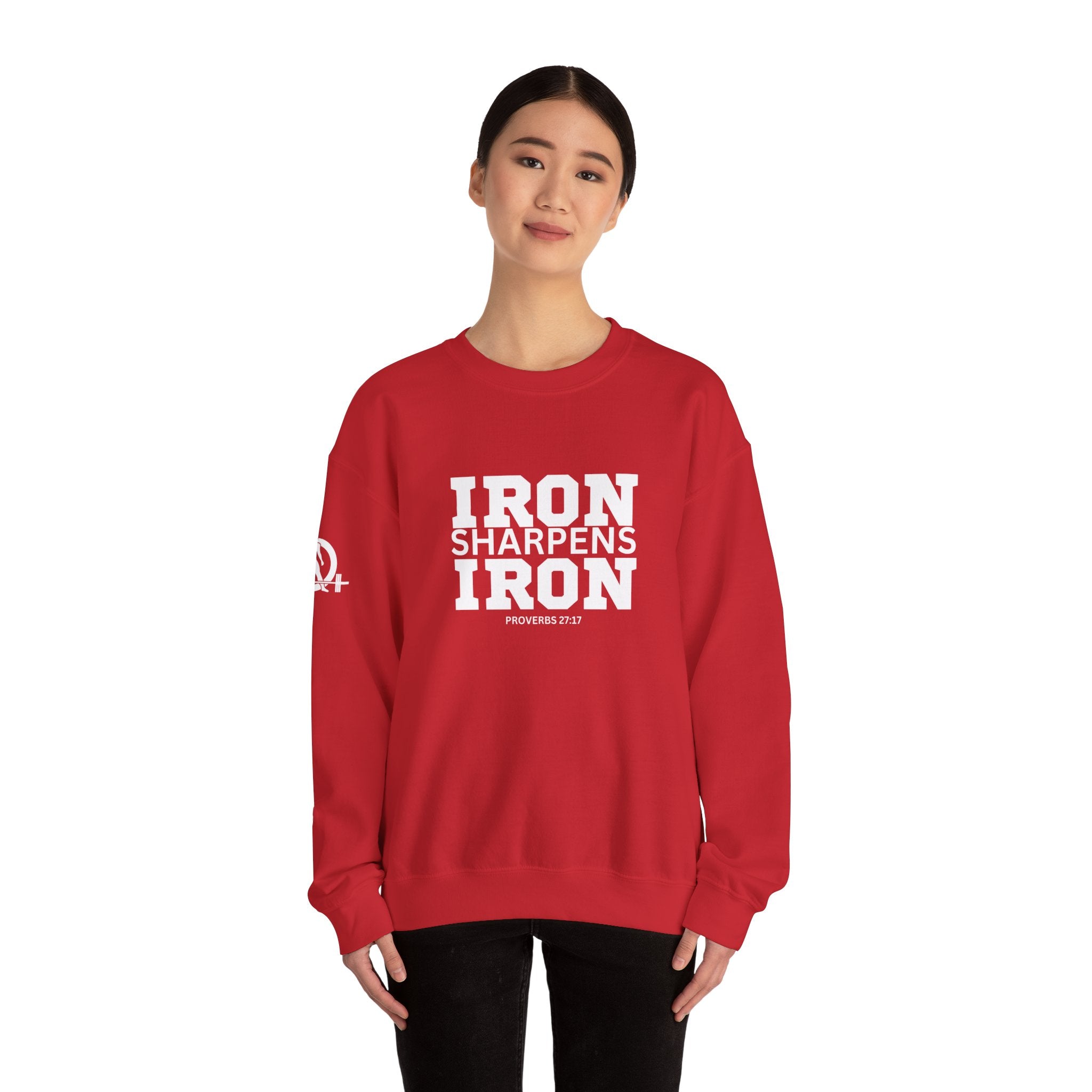Iron Sharpens Iron - Unisex Heavy Blend™ Crewneck Sweatshirt - Front White Logo - Plain Back