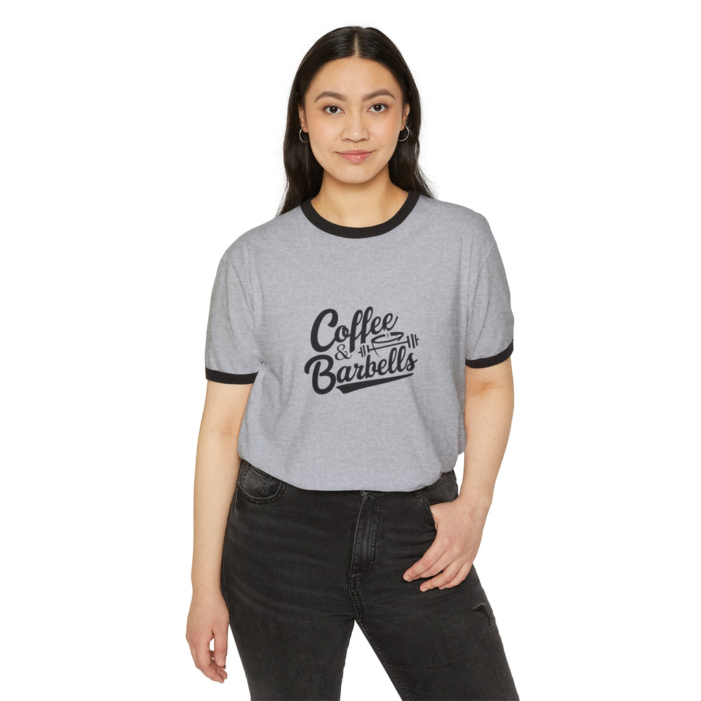 Coffee & Barbells  - Unisex Cotton Ringer T-Shirt - Black Logo Plain Back