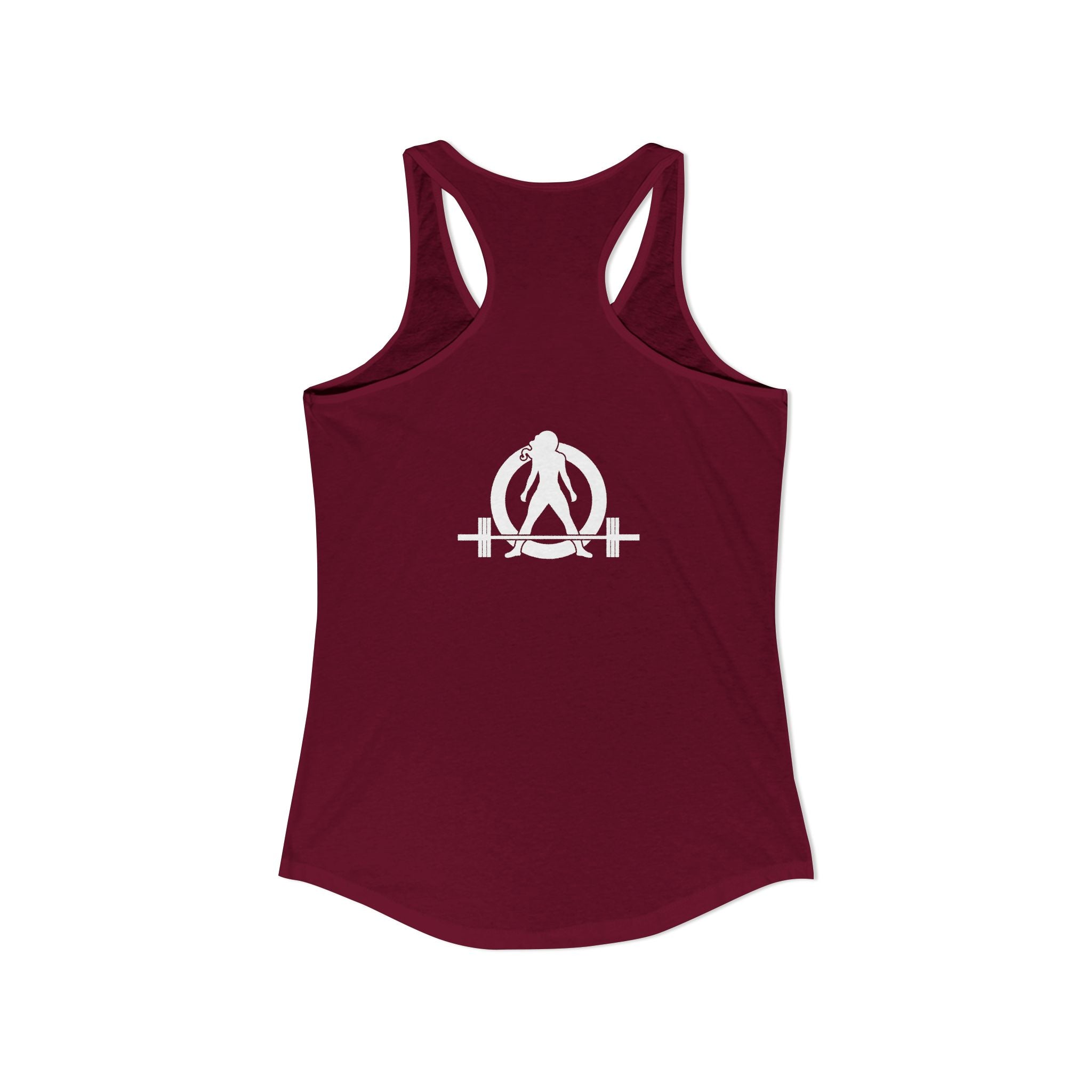 ALL I NEED IS COFFF & a Barbell - Women's Ideal Racerback Tank - White Logo Front & Back