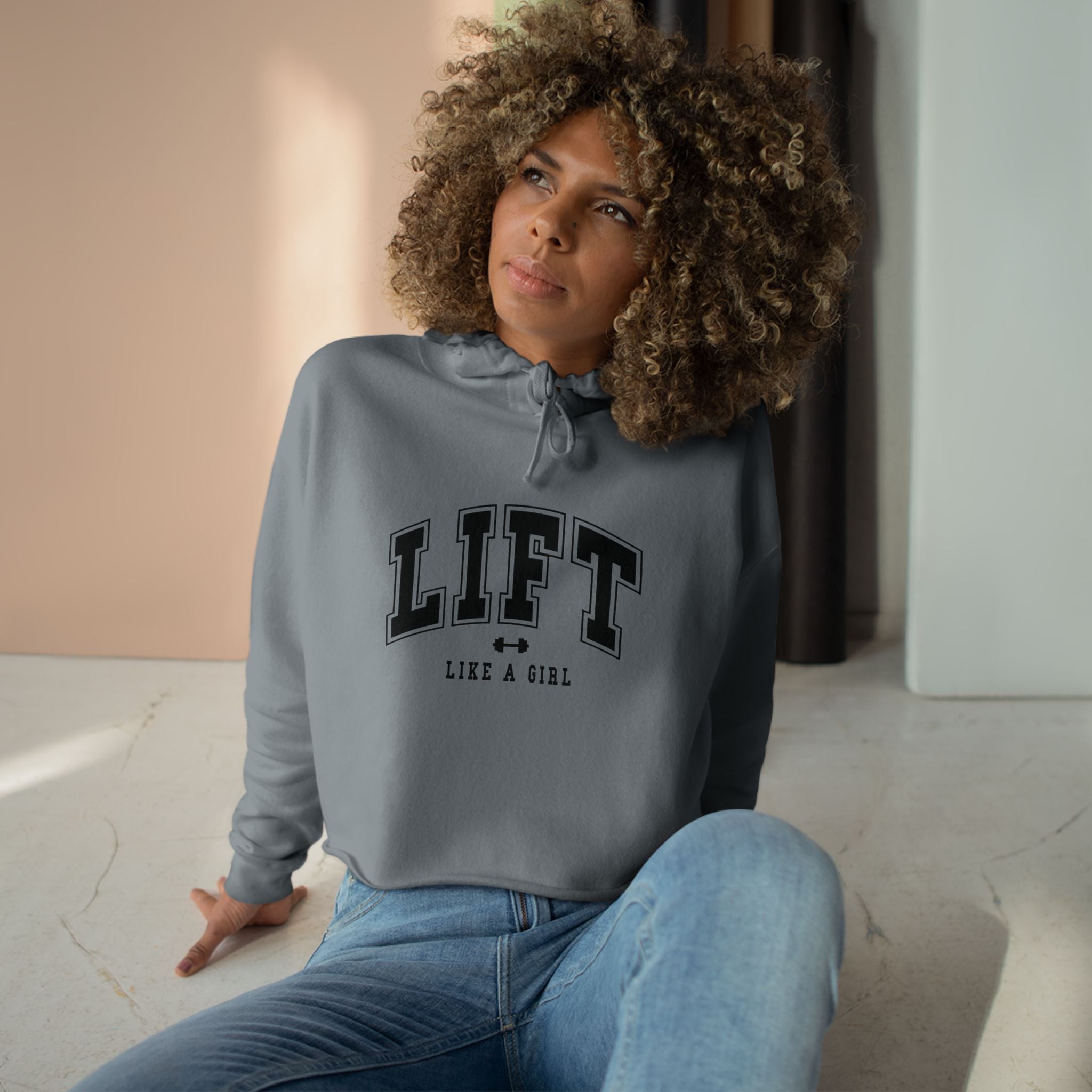 Lift Like A Girl - Empowered Crop Hoodie – For Strong Women Who Lift - Black Logo