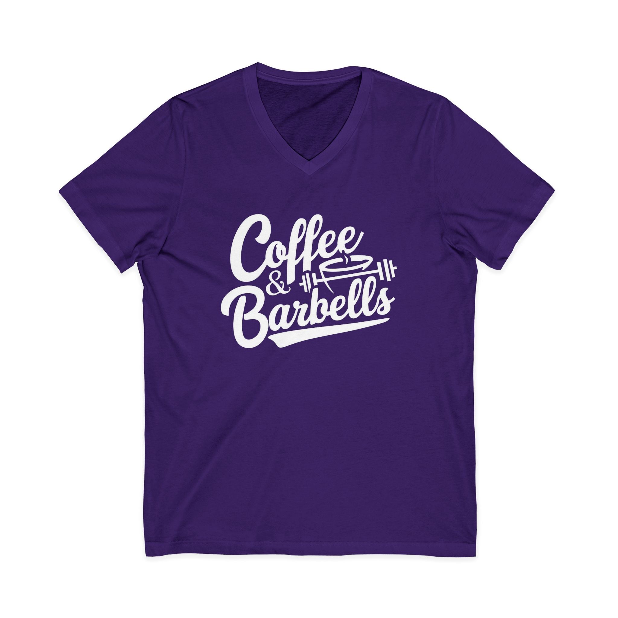 Coffee & Barbells - Unisex Jersey Short Sleeve V-Neck Tee - White Logo Plain Back