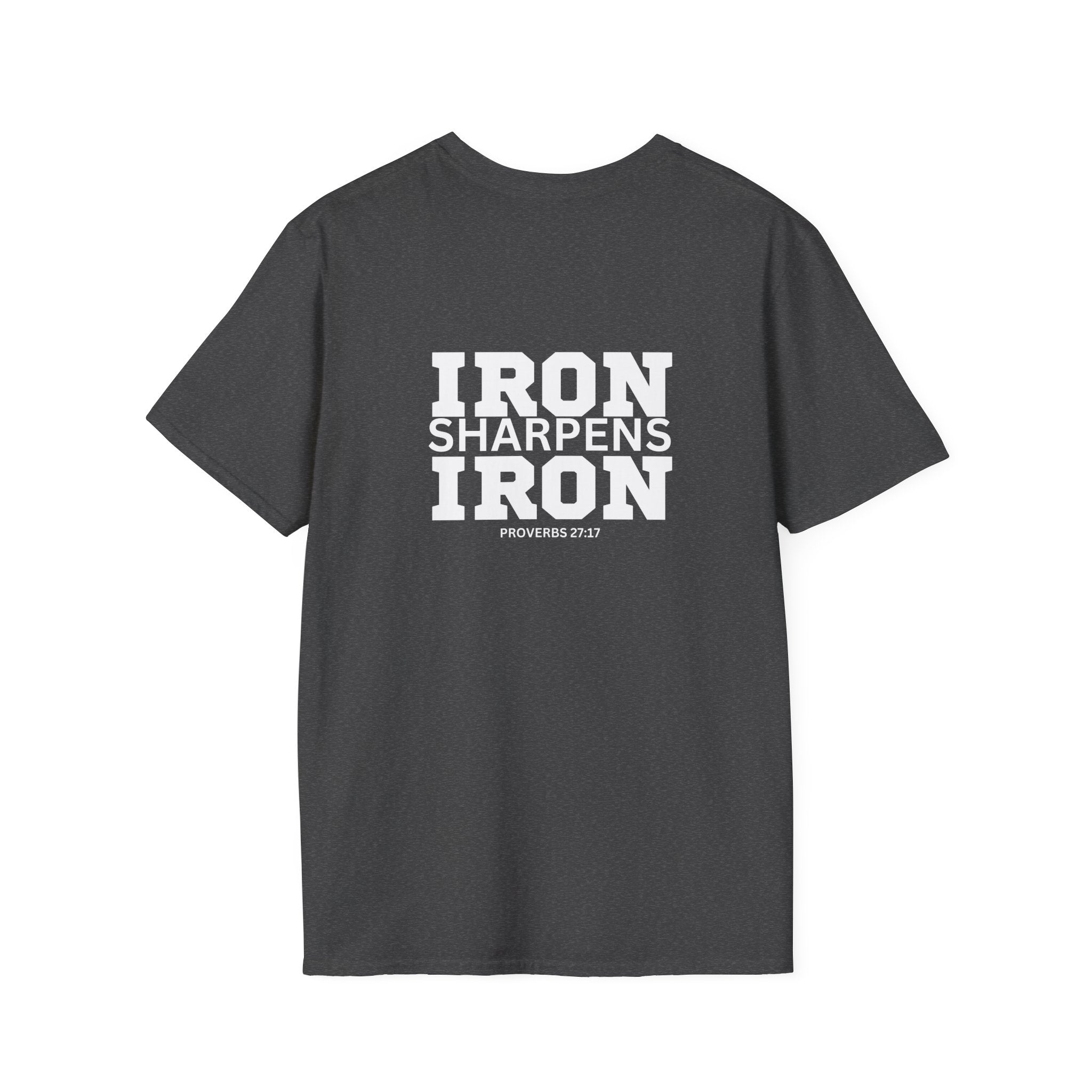 Iron Sharpens Iron - Unisex Softstyle T-Shirt - White Logo Front & Back