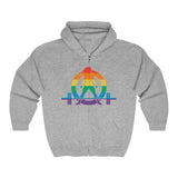 Unisex Heavy Blend Full Zip Hooded Sweatshirt - Front Chest PRIDE Logo - Strong Is Beautiful on Back