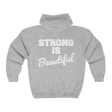 Unisex Heavy Blend Full Zip Hooded Sweatshirt - Front Chest White Logo - Strong Is Beautiful on Back