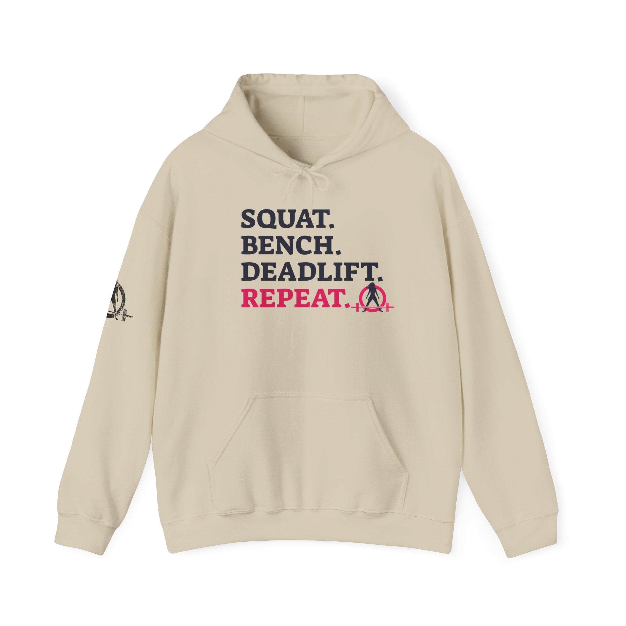 WWLW “Squat • Bench • Deadlift • Repeat” Hoodie - Front Dark Logo Plain Back