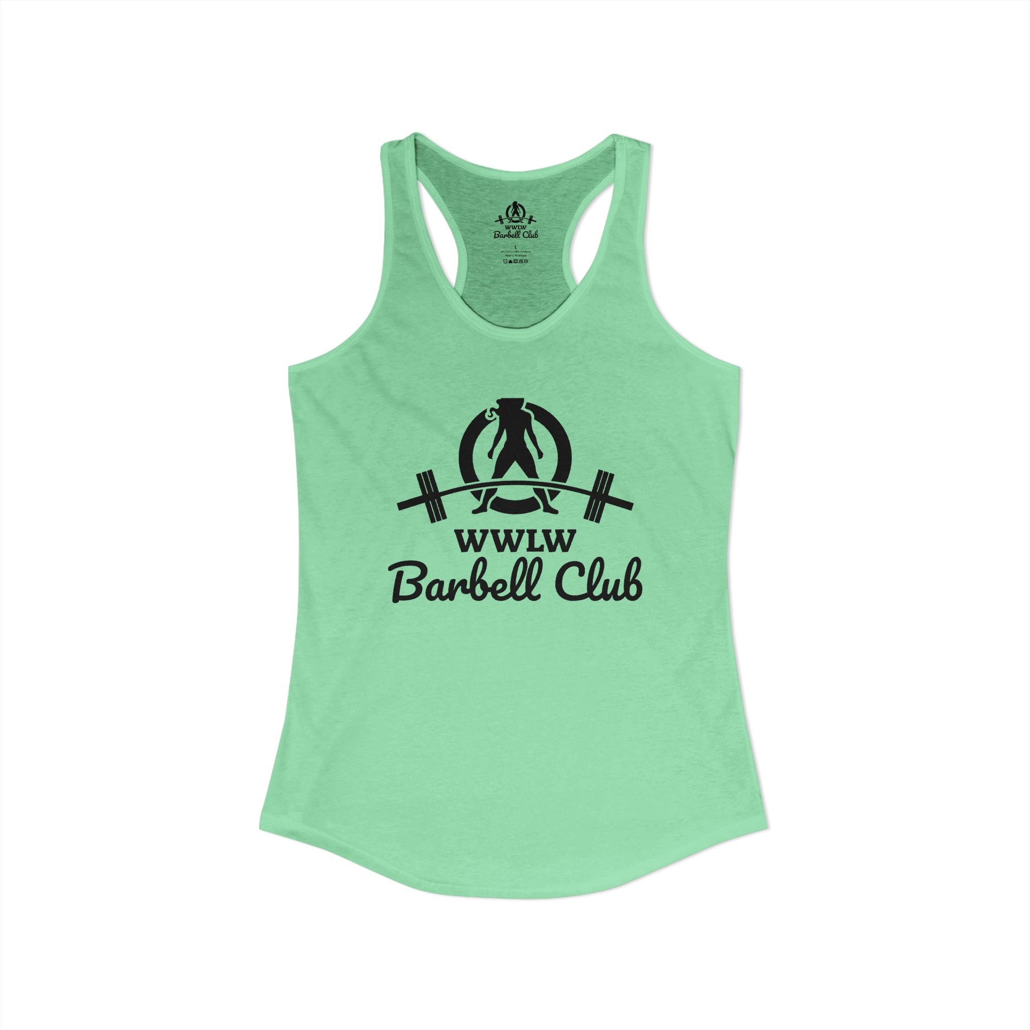 WWLW Barbell Club - Women's Ideal Racerback Tank - Black Logo Front - Plain Back