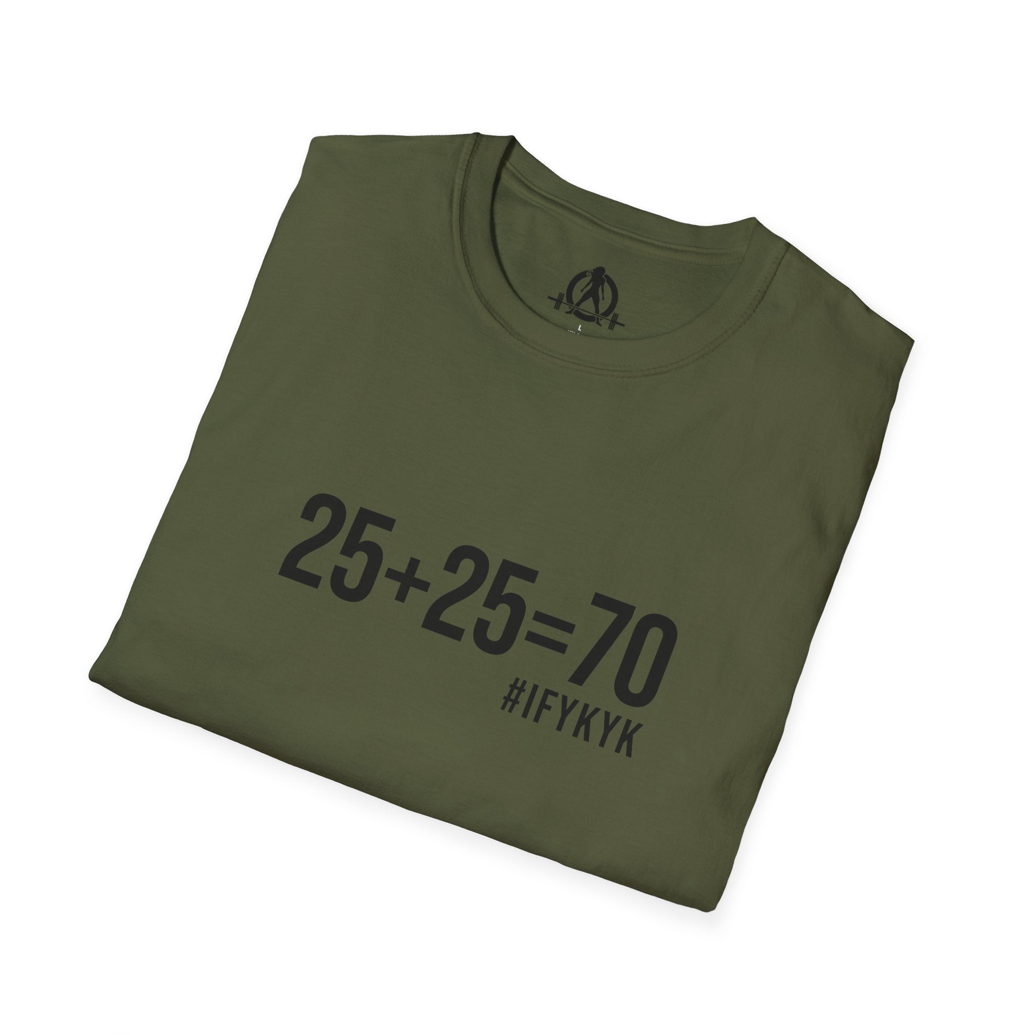 25 + 25 =70 - Unisex Softstyle T-Shirt - Black Print on Front Plain Back
