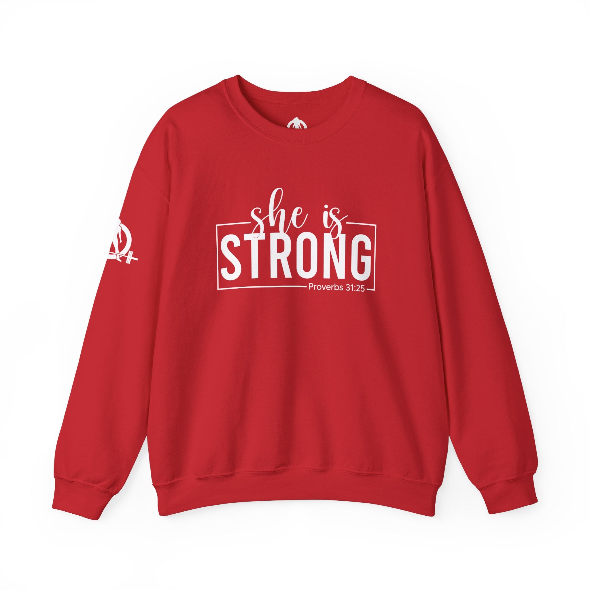 She is STRONG - Unisex Heavy Blend™ Crewneck Sweatshirt - Front White Logo - Plain Back