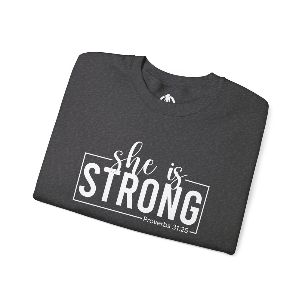 She is STRONG - Unisex Heavy Blend™ Crewneck Sweatshirt - Front White Logo - Plain Back