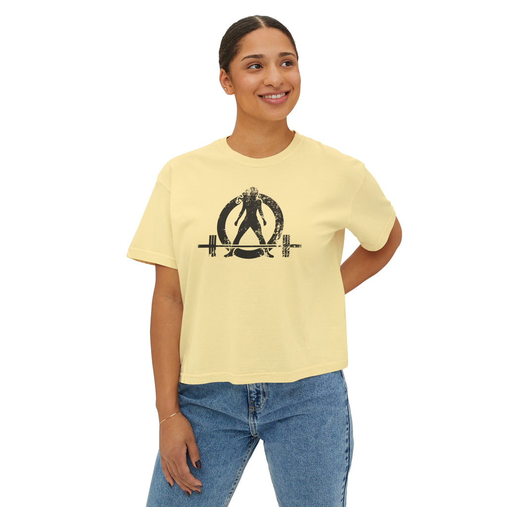 Women's Boxy Tee - Black Distressed Logo Front Plain Back